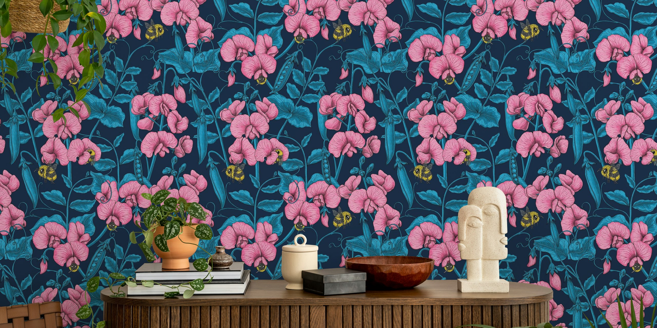 Sweet peas and bumblebees wallpaper in a room