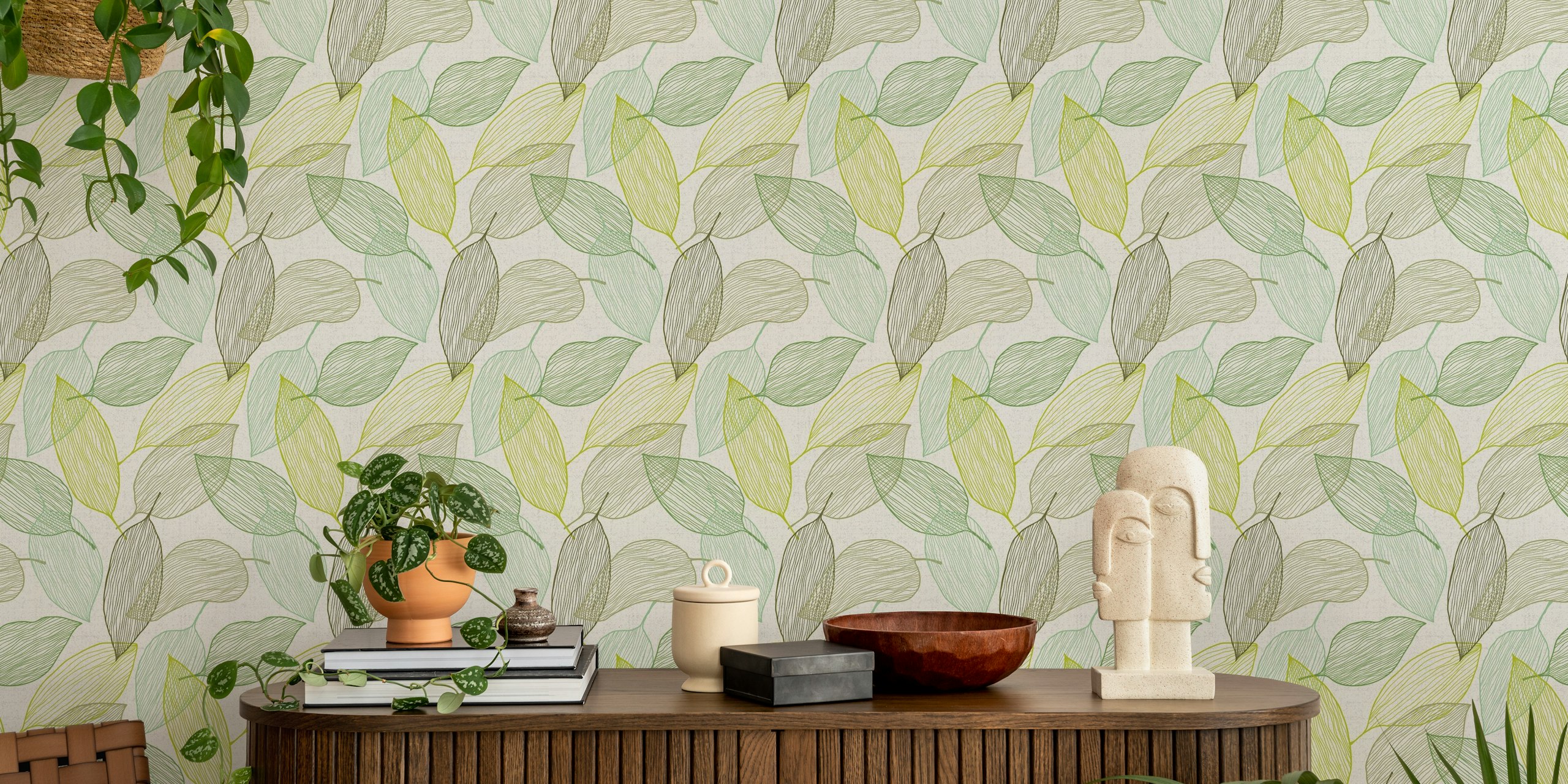Papel De Parede Leaves Line Green Em Um Cômodo