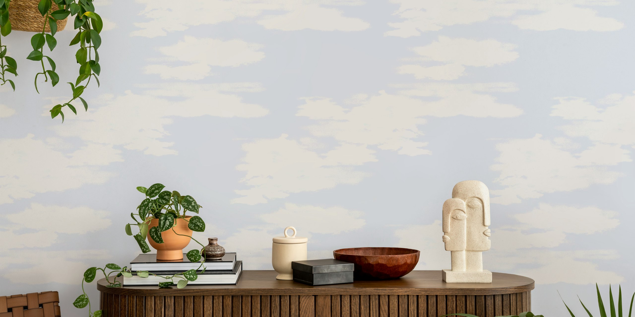 Painterly sky lavender white wallpaper in a room