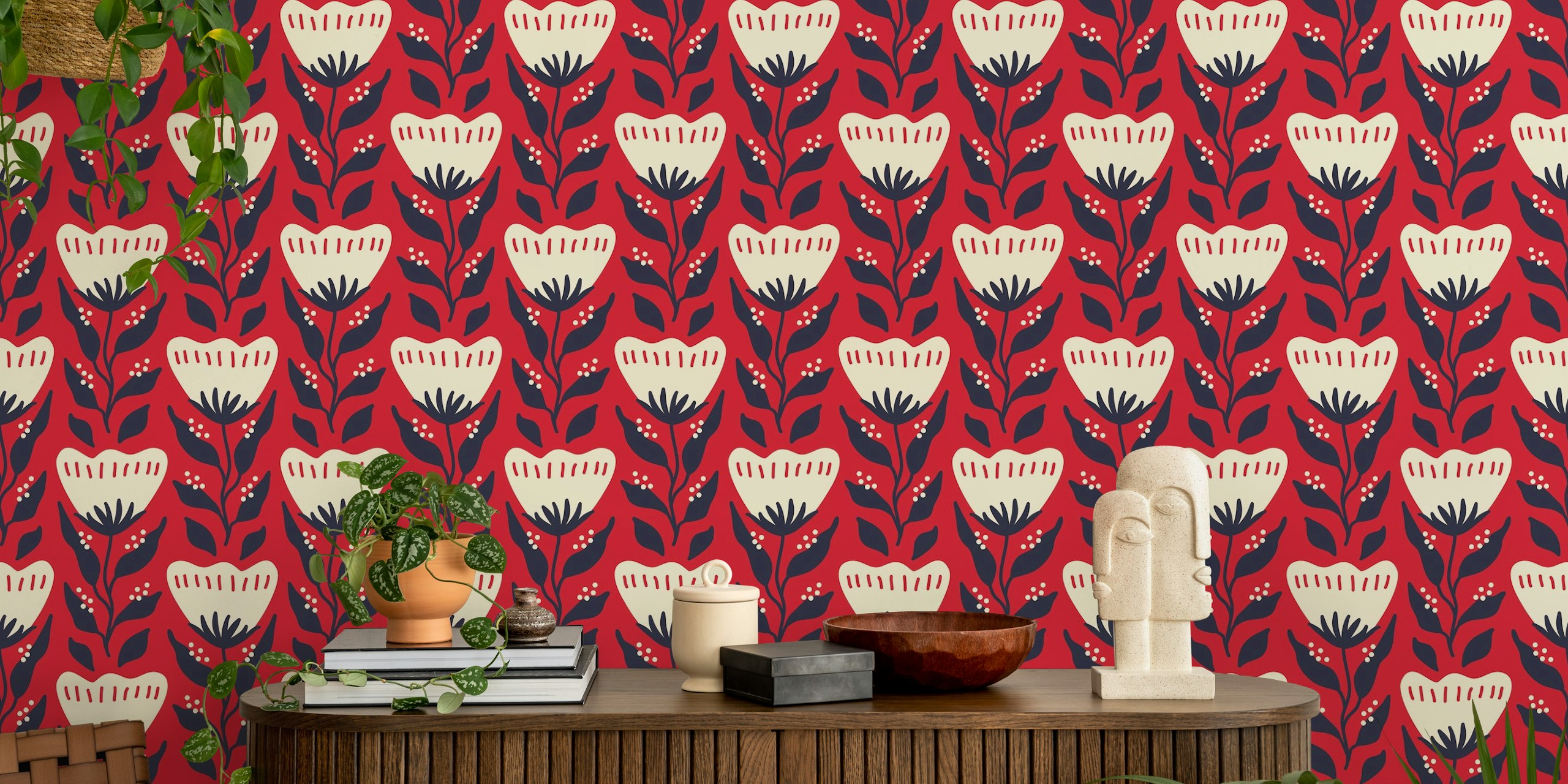 Folk flower pattern with red background and cream flowers wallpaper