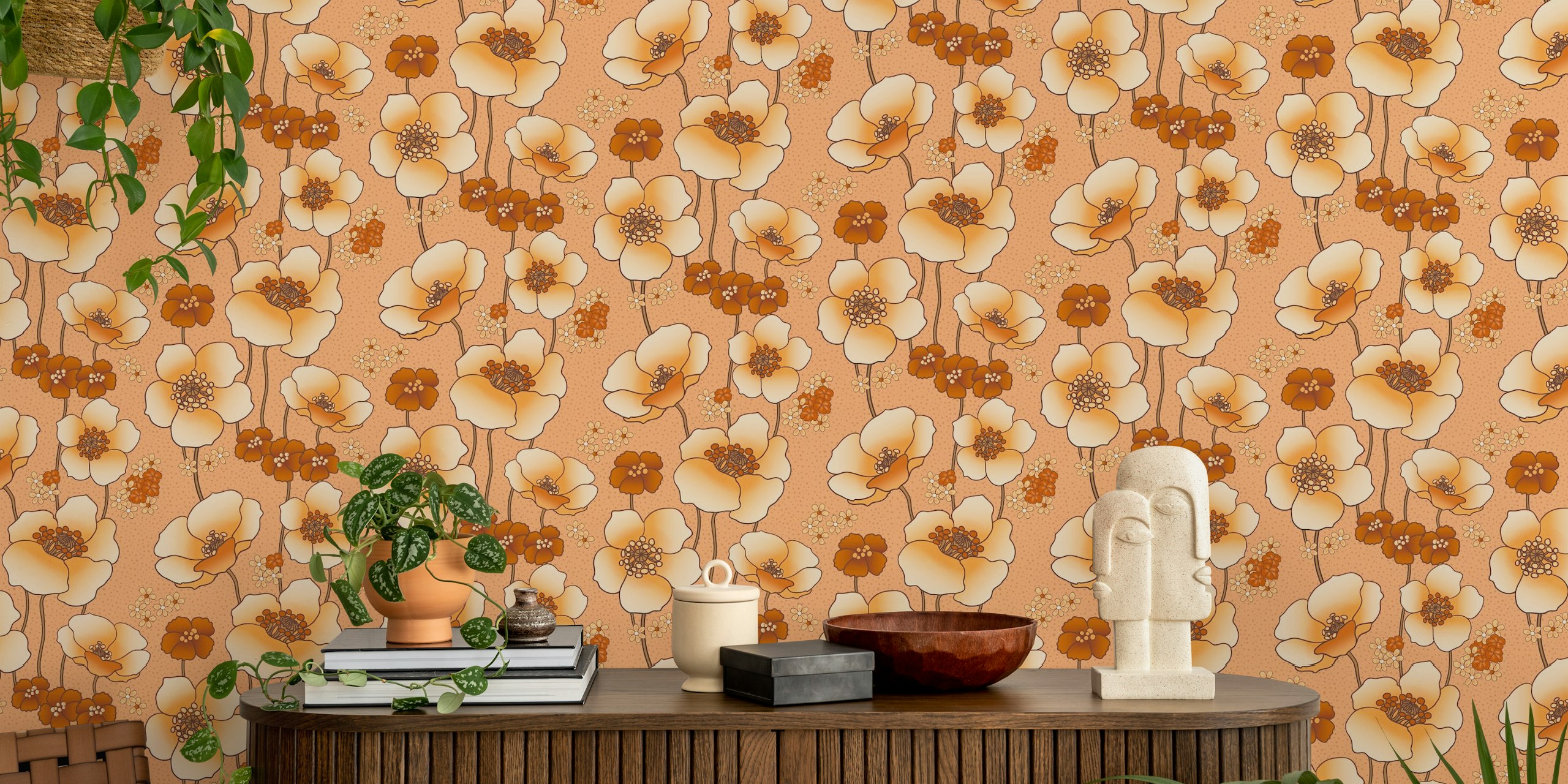Terracotta poppies wall mural in a rustic style for home decor