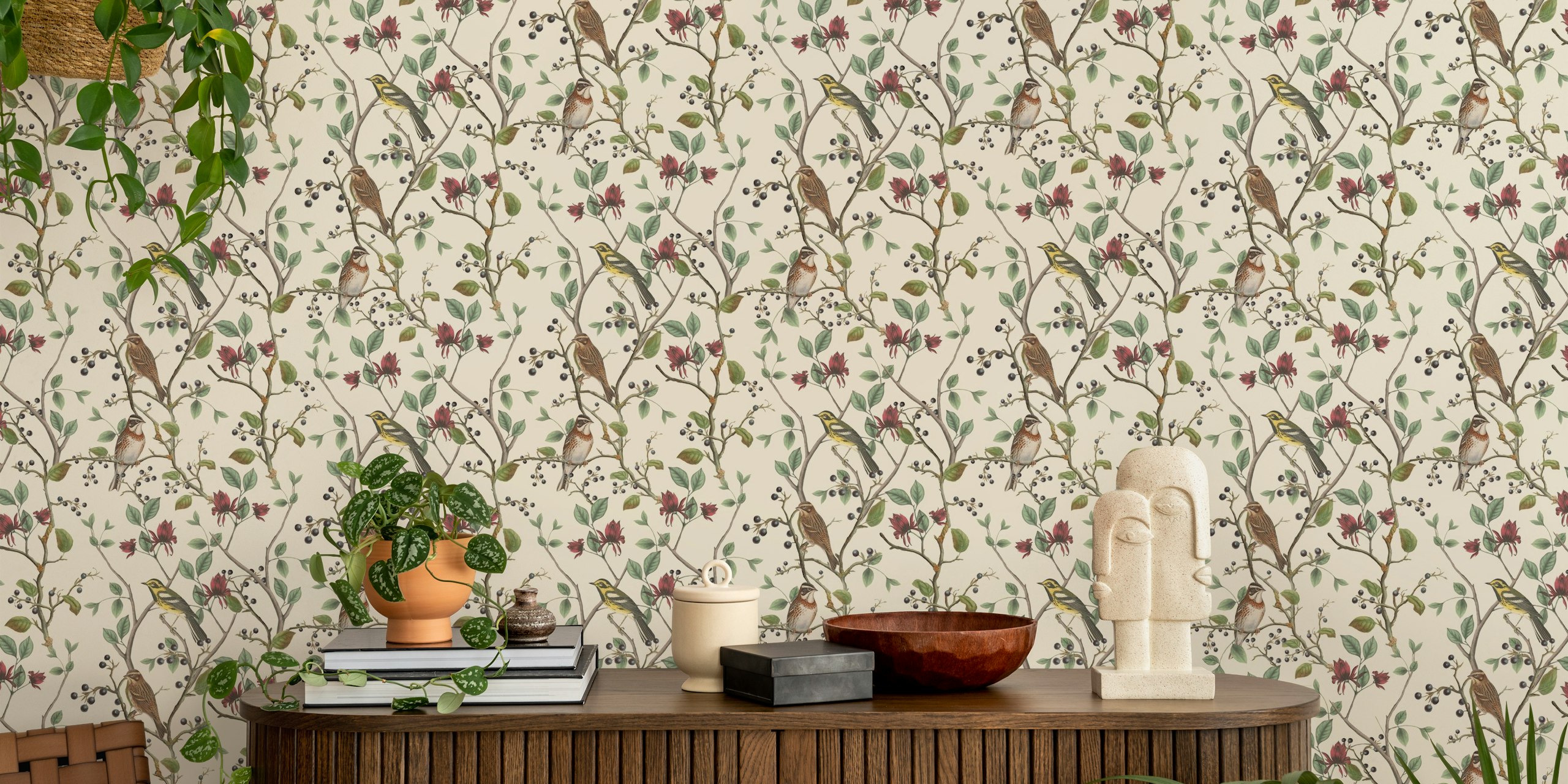 Nordic Chinoiserie wall mural with birds and foliage