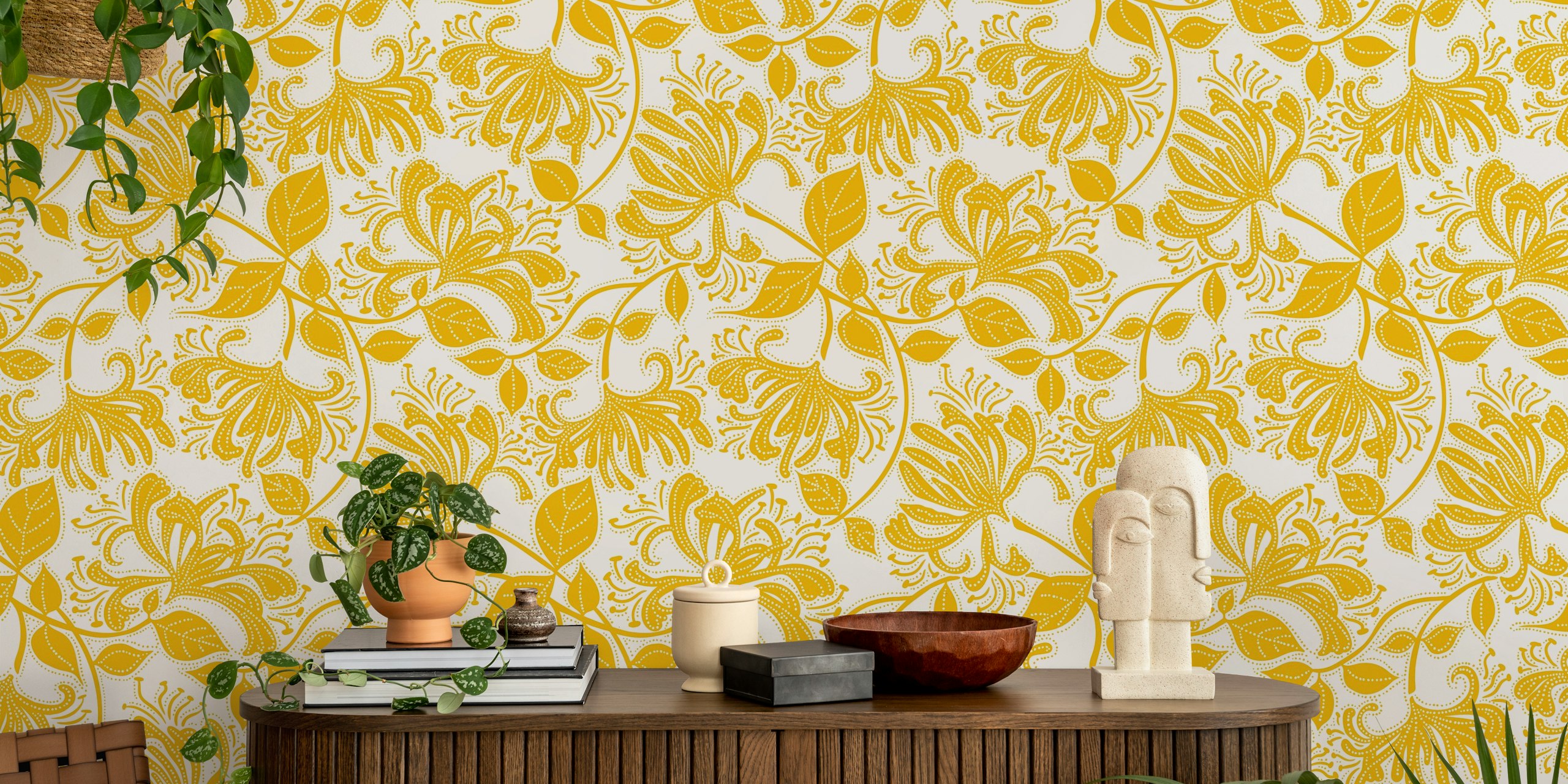 Honeysuckle stencil flowers wall mural in bumblebee yellow