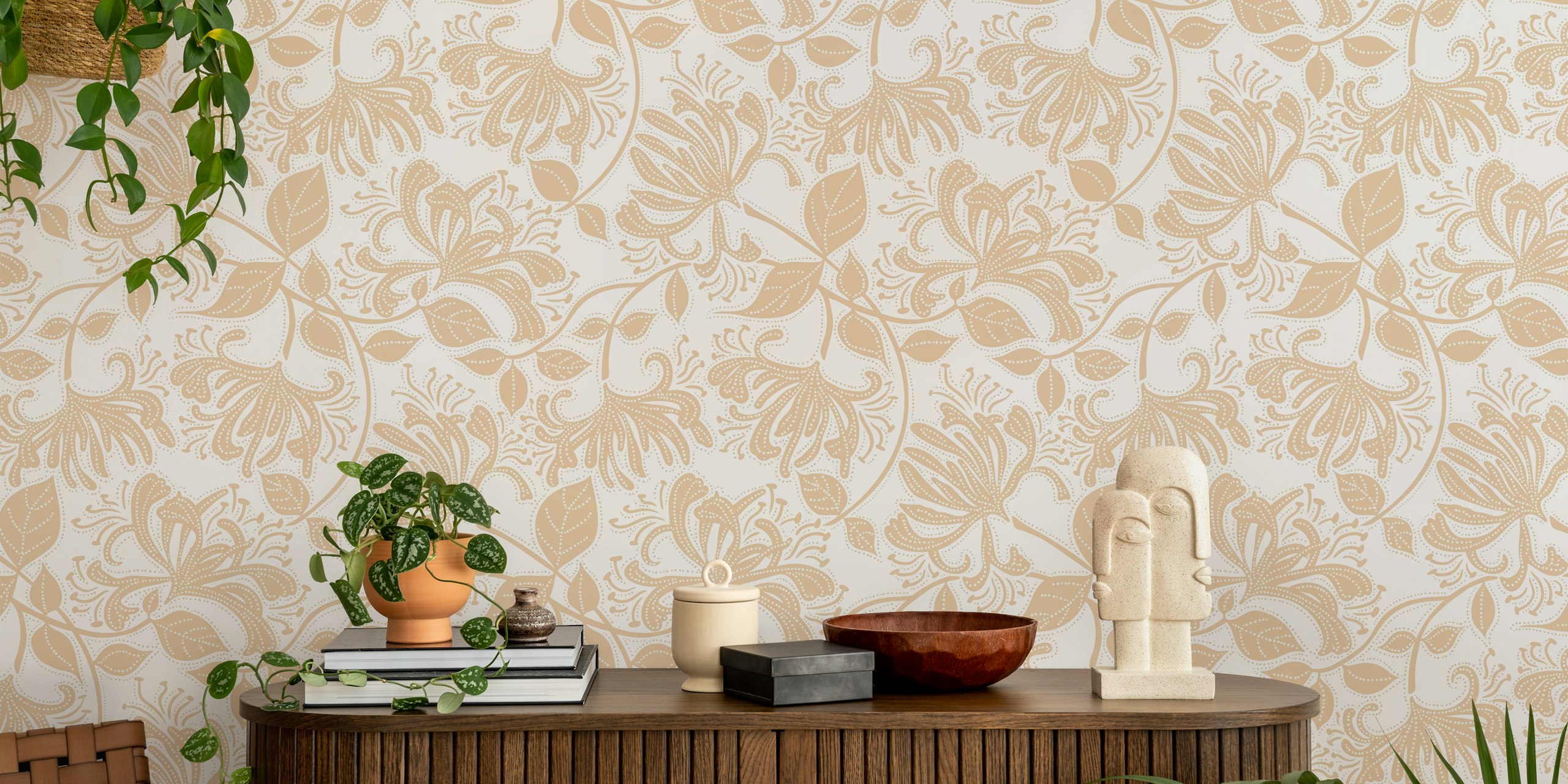 Beige floral stencil wallpaper with intricate designs