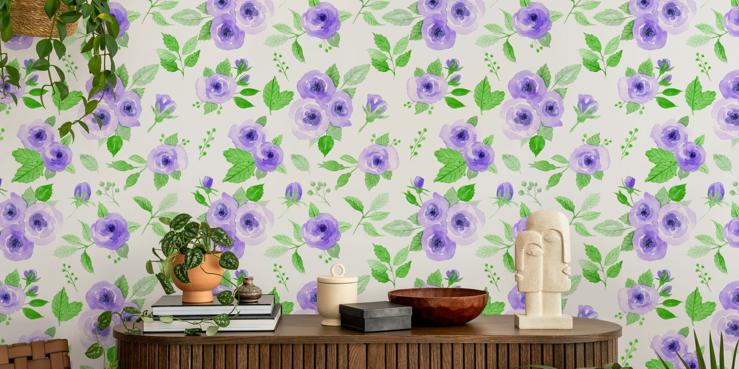 Loose watercolor roses wallpaper en una habitación