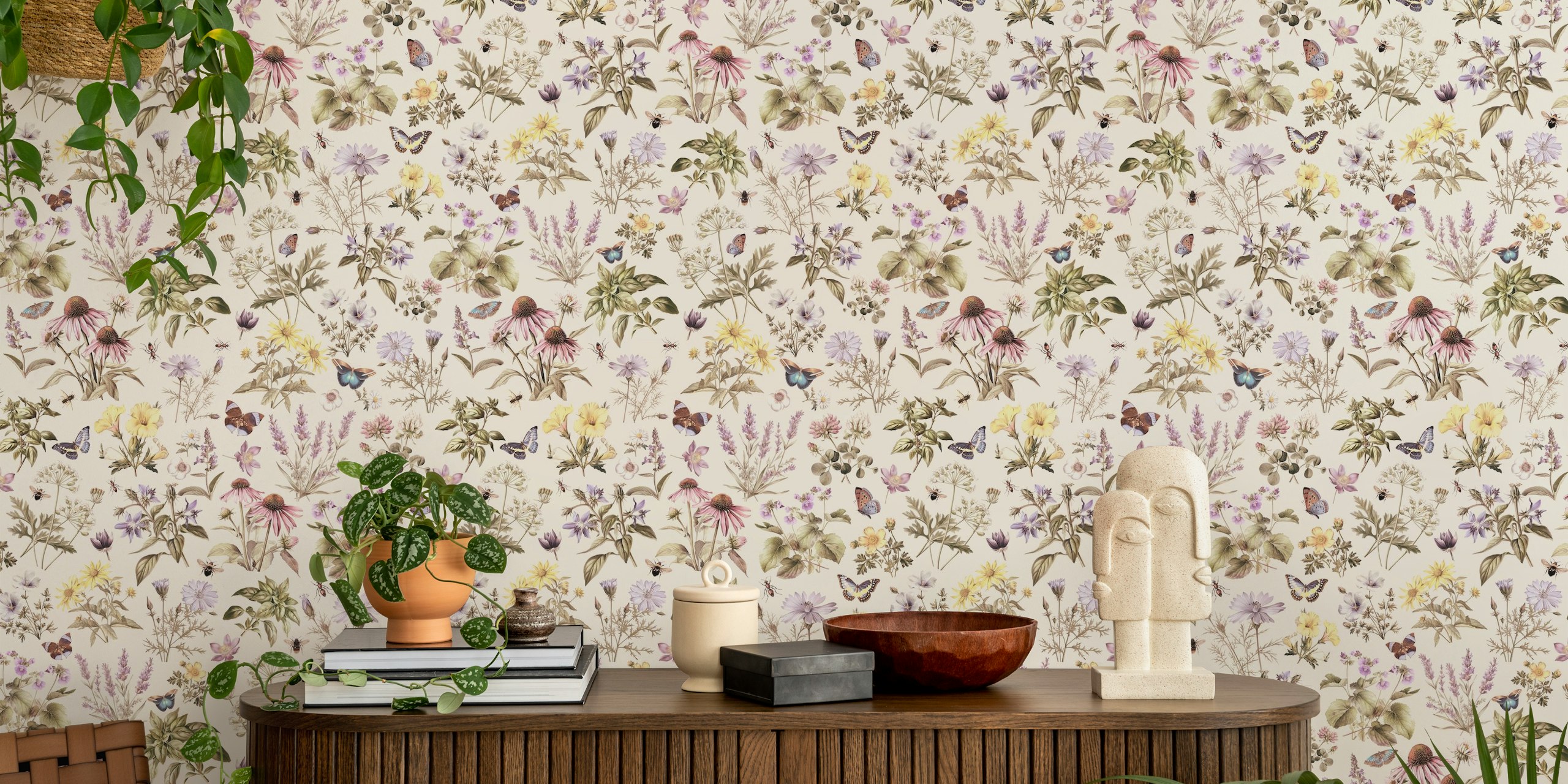 Herbs and butterflies wallpaper in a room