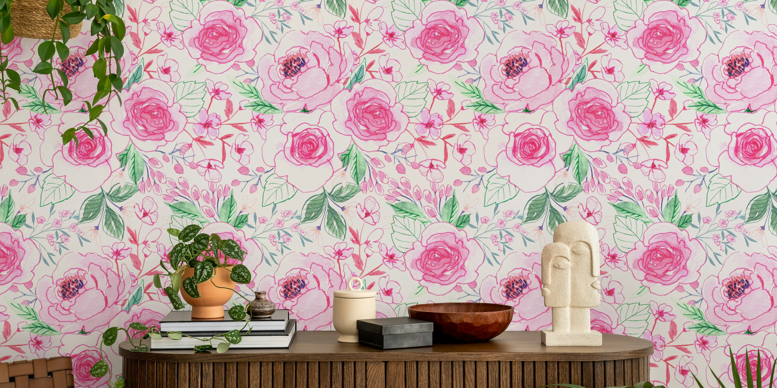 Elegante murale floreale ad acquerello rosa e verde