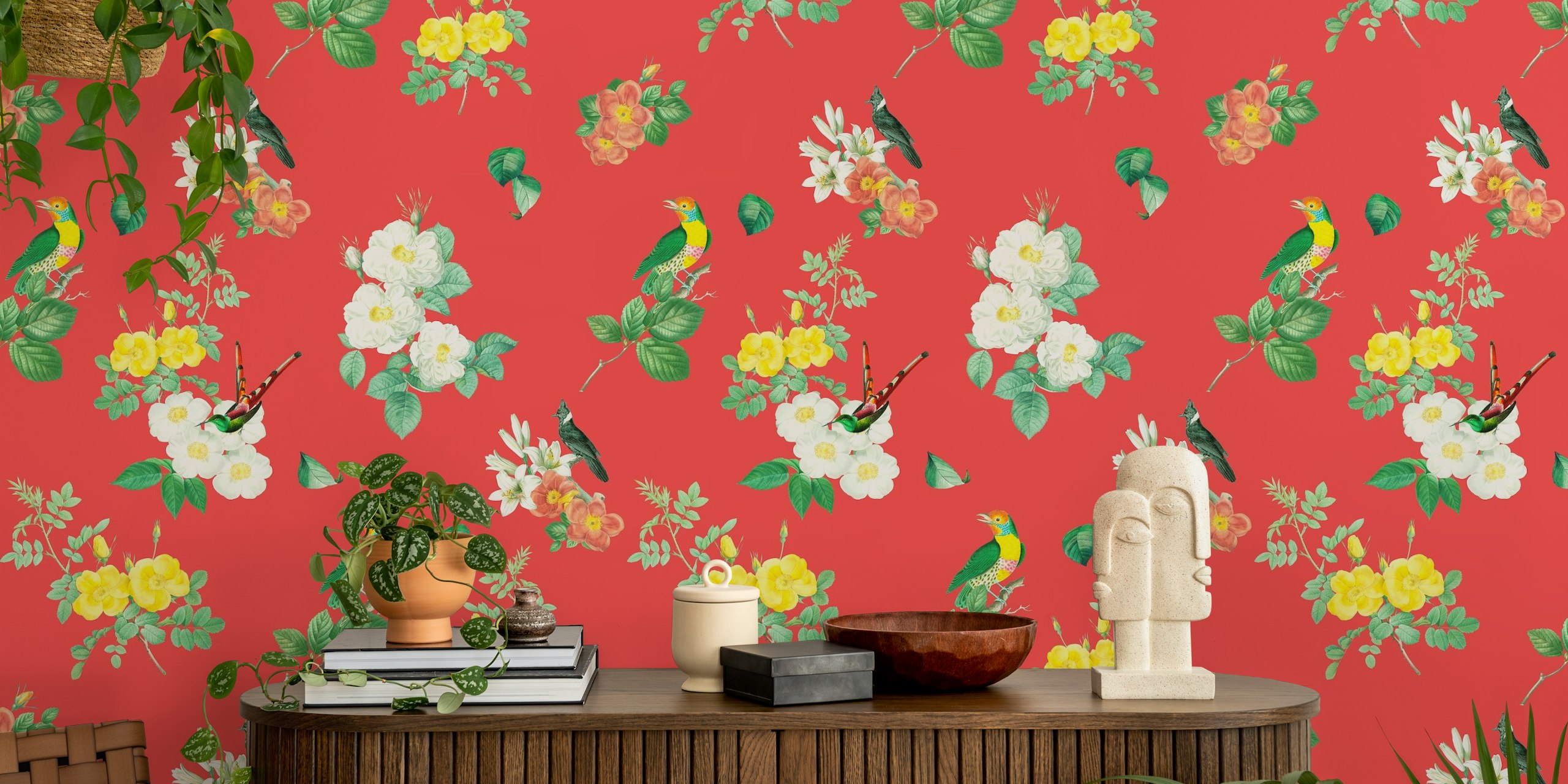 Ταπετσαρία Tropical Bird Garden Red σε ένα δωμάτιο