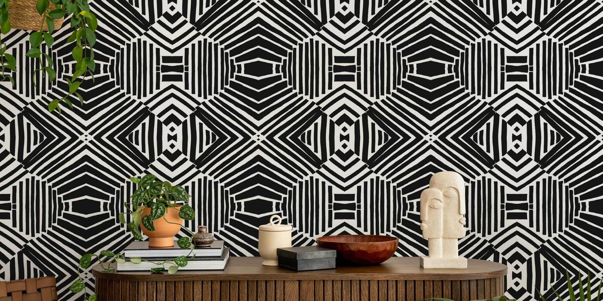 Geometric striped black and white wallpaper with tribal motifs