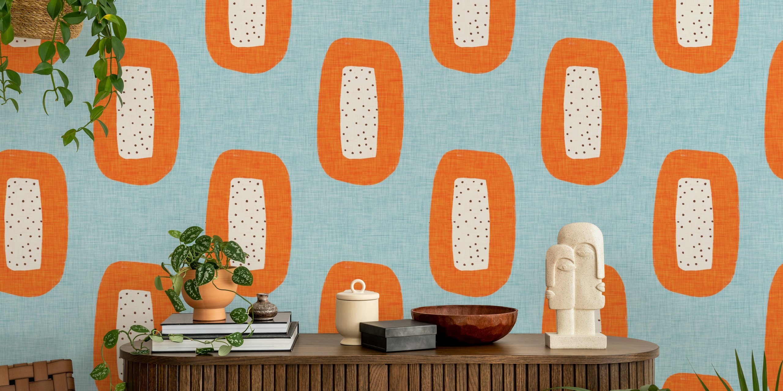 Geometric blue and orange shapes with polka dots wallpaper