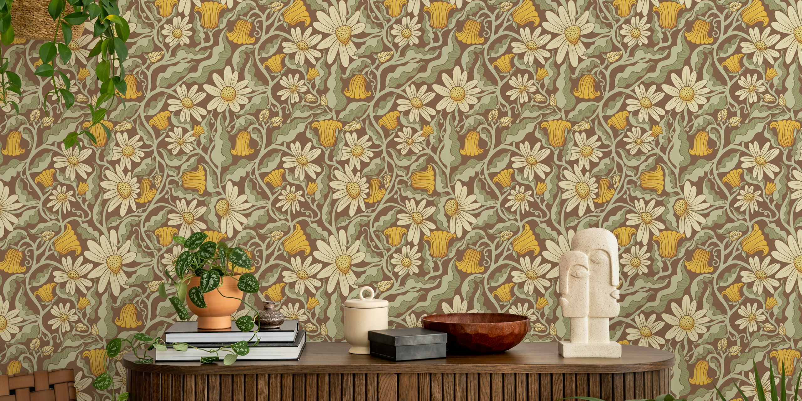Climbing Flowers on Coffee Brown Pattern