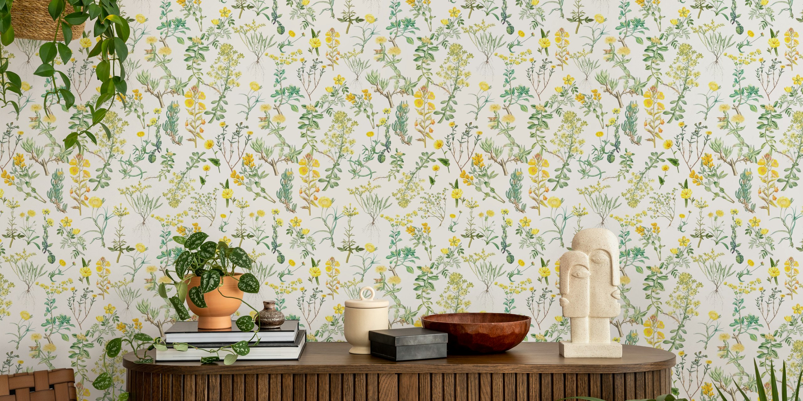 Padrão amarelo de flores silvestres e ervas no papel de parede representando uma cena de floresta de outono vintage