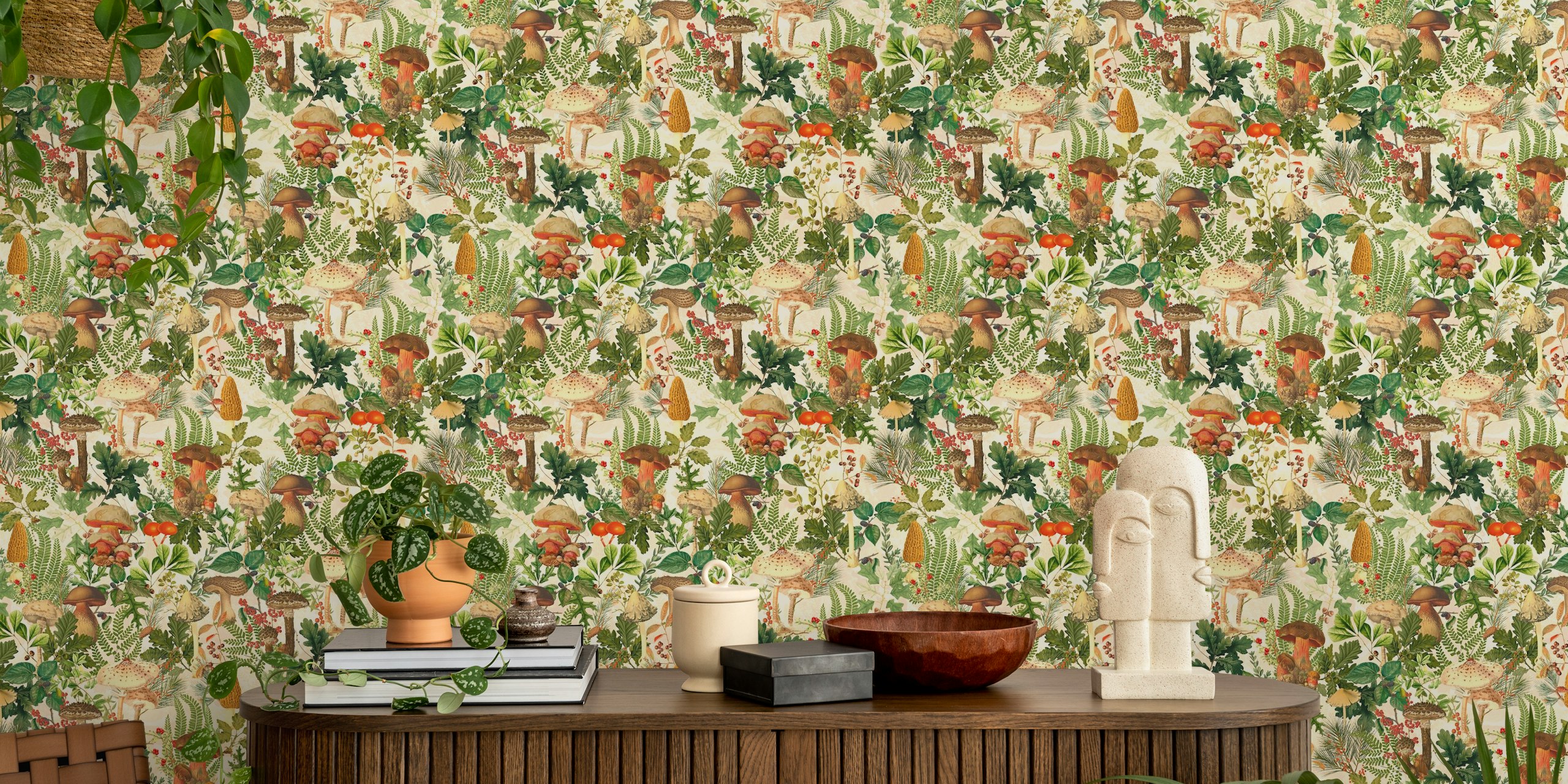 Enchanting forest wall mural with autumnal leaves and mushrooms