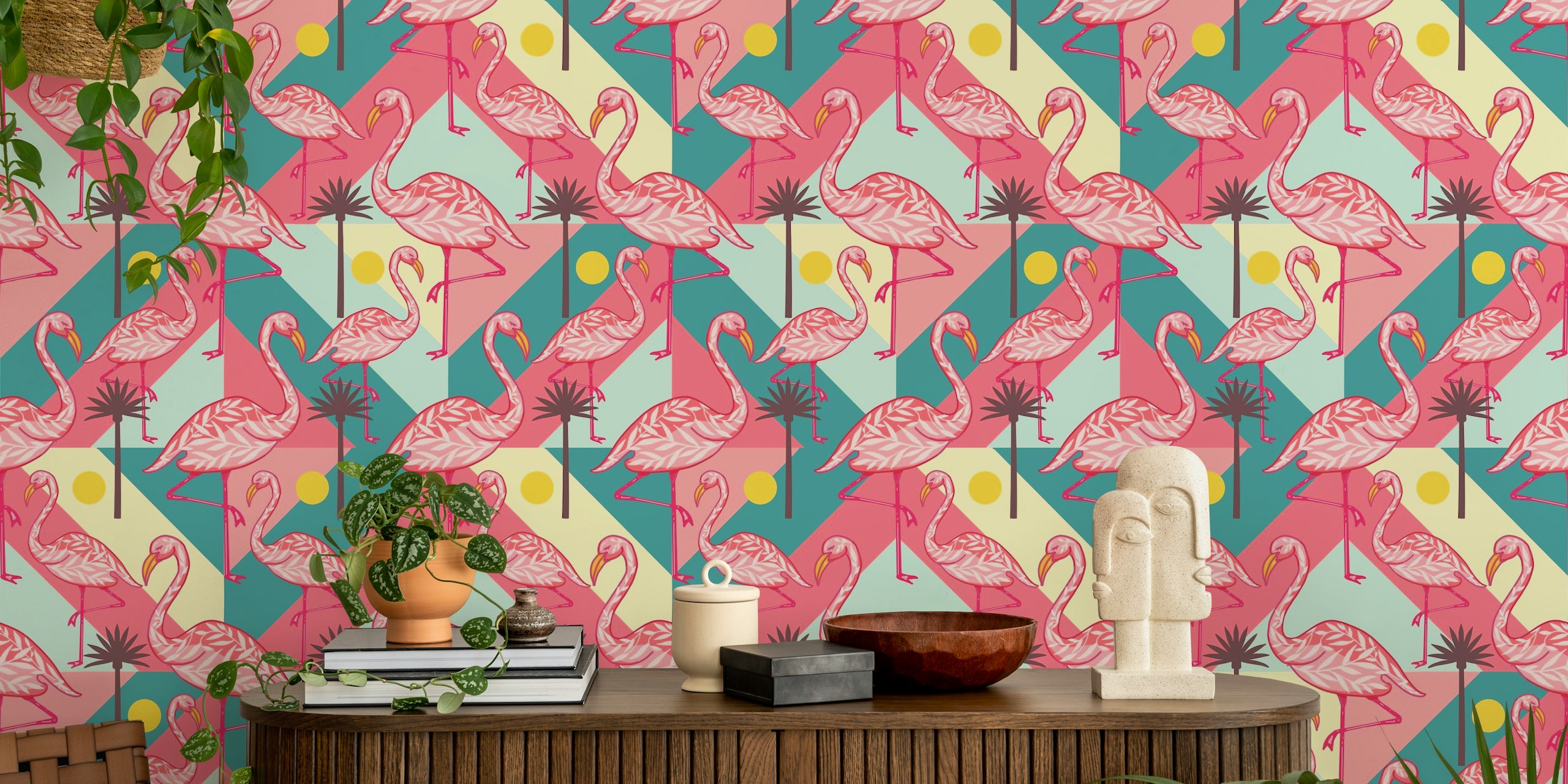 Carta da parati Retro tropical flamingo in una stanza
