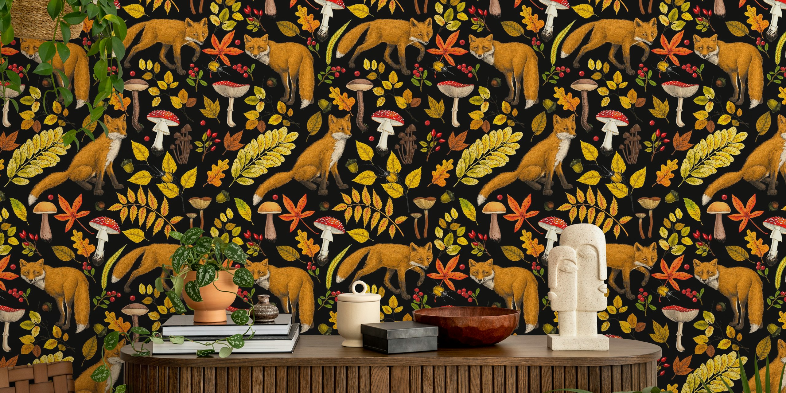 Autumn foxes and colorful foliage on black wallpaper