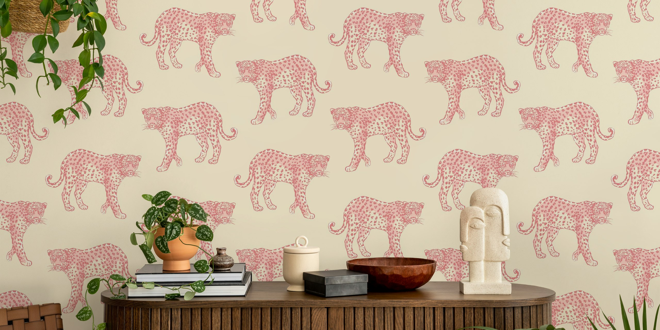 Pink leopard pattern on beige background wallpaper
