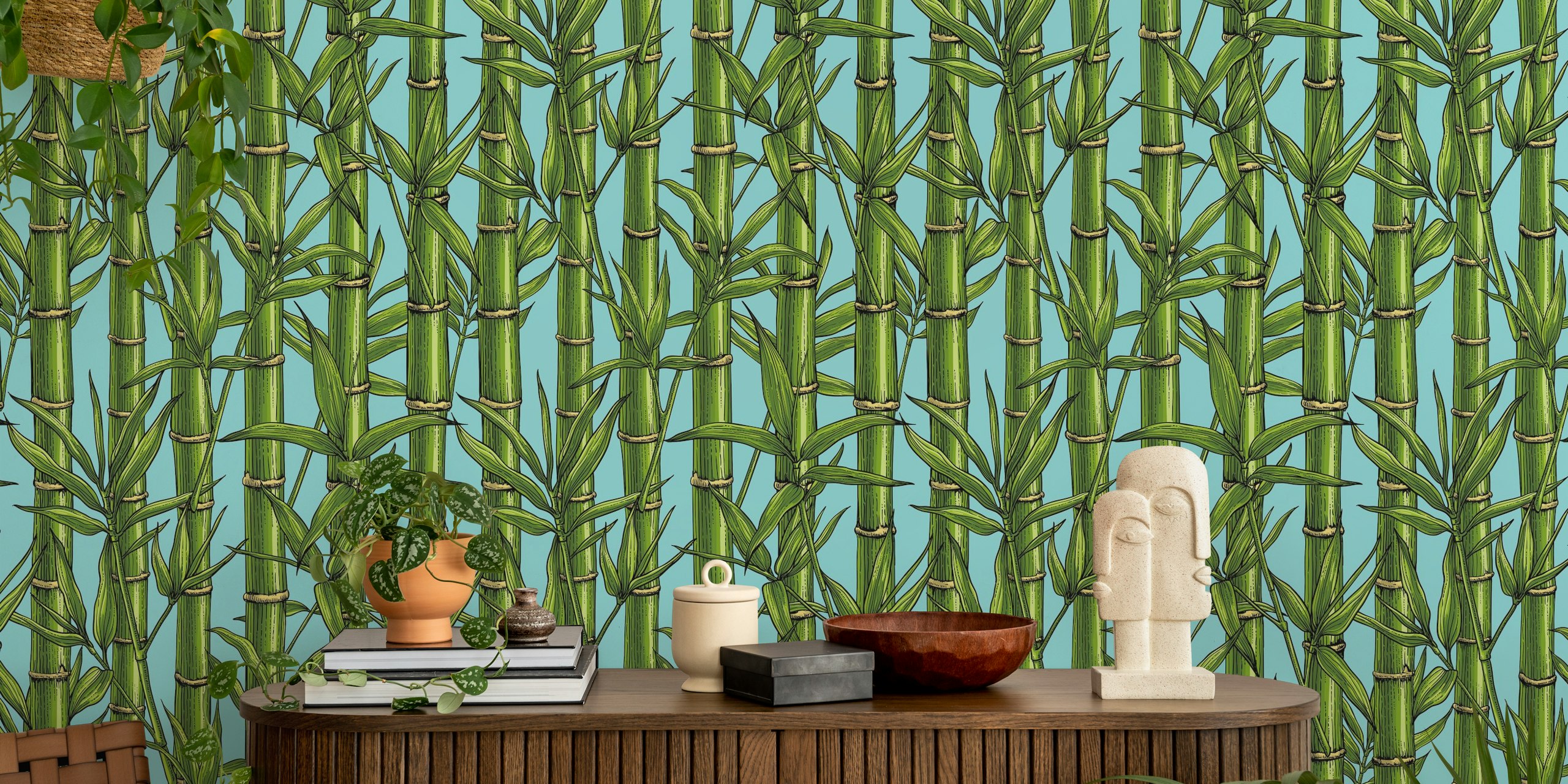 Bamboo forest patterns in green on light blue wallpaper