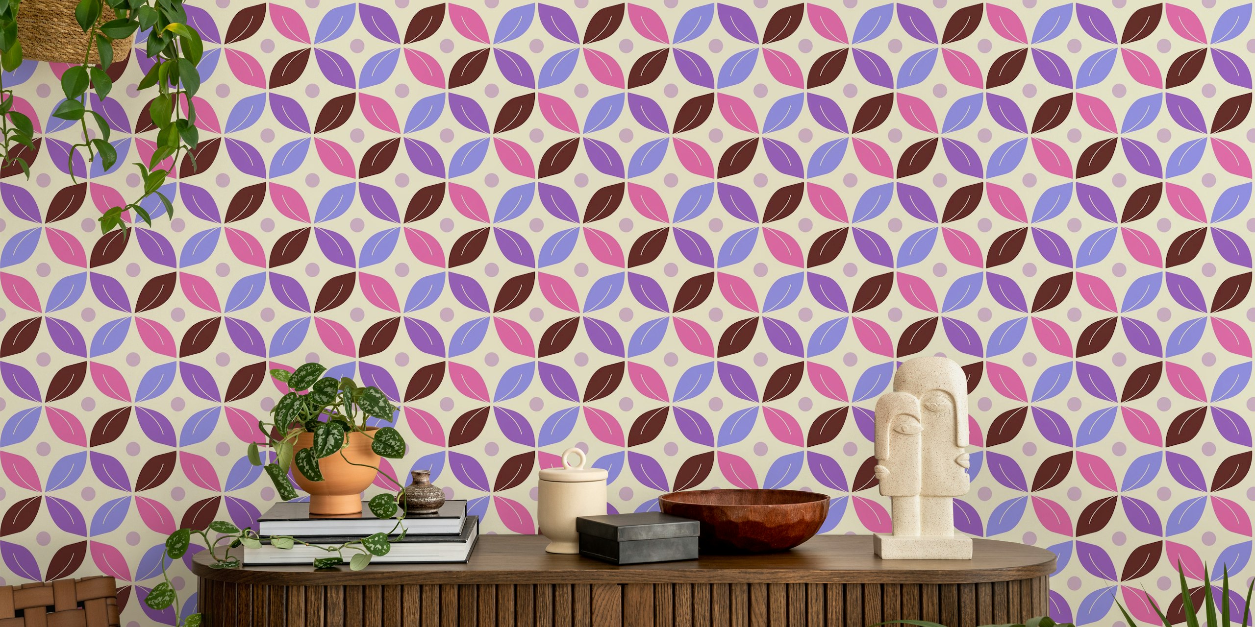 Colorful retro floral pattern with pink, purple, and fuchsia shapes wallpaper