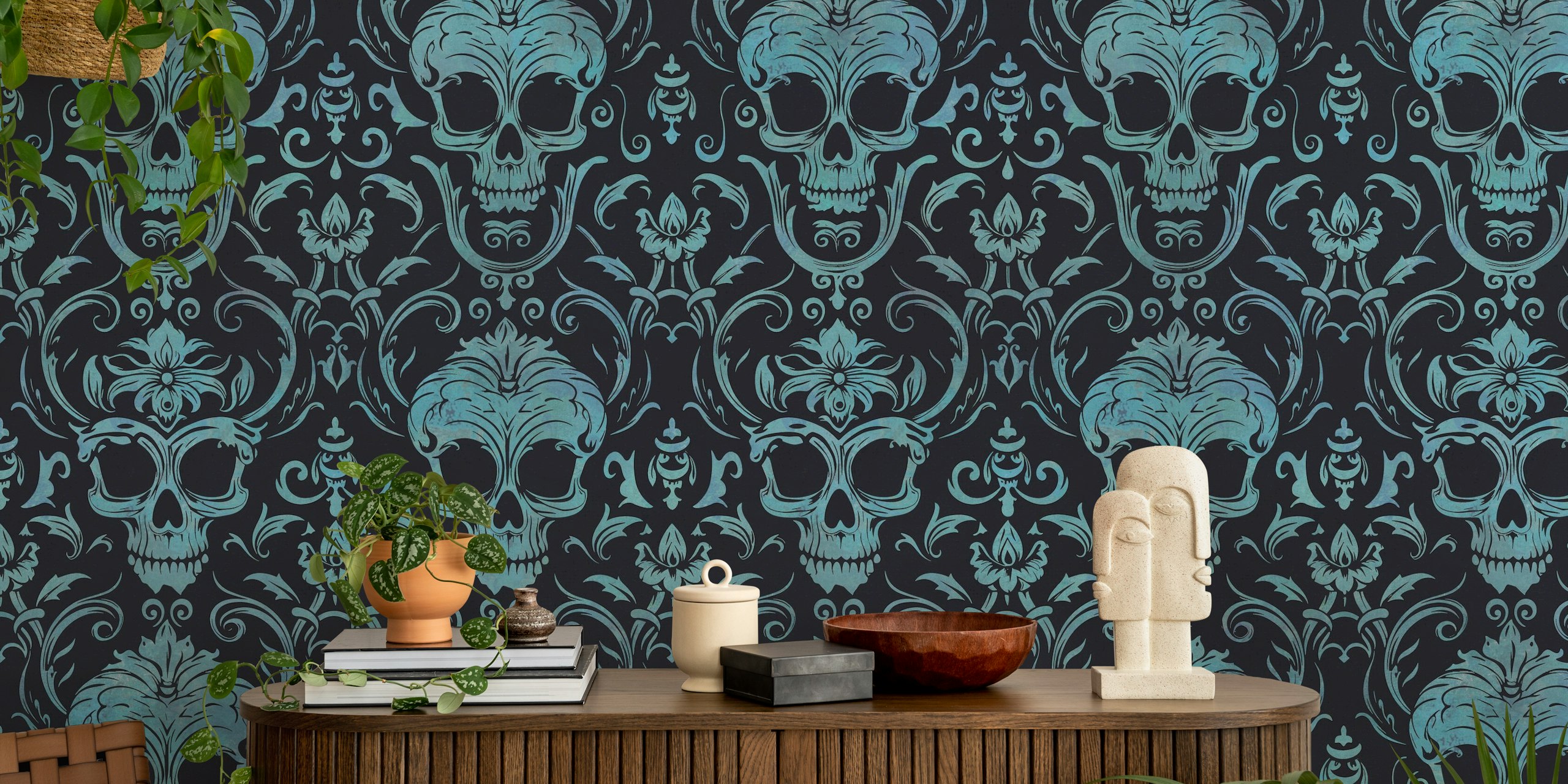 Mörk gotisk elegans skalle damastmönster kricka Svart väggmålning