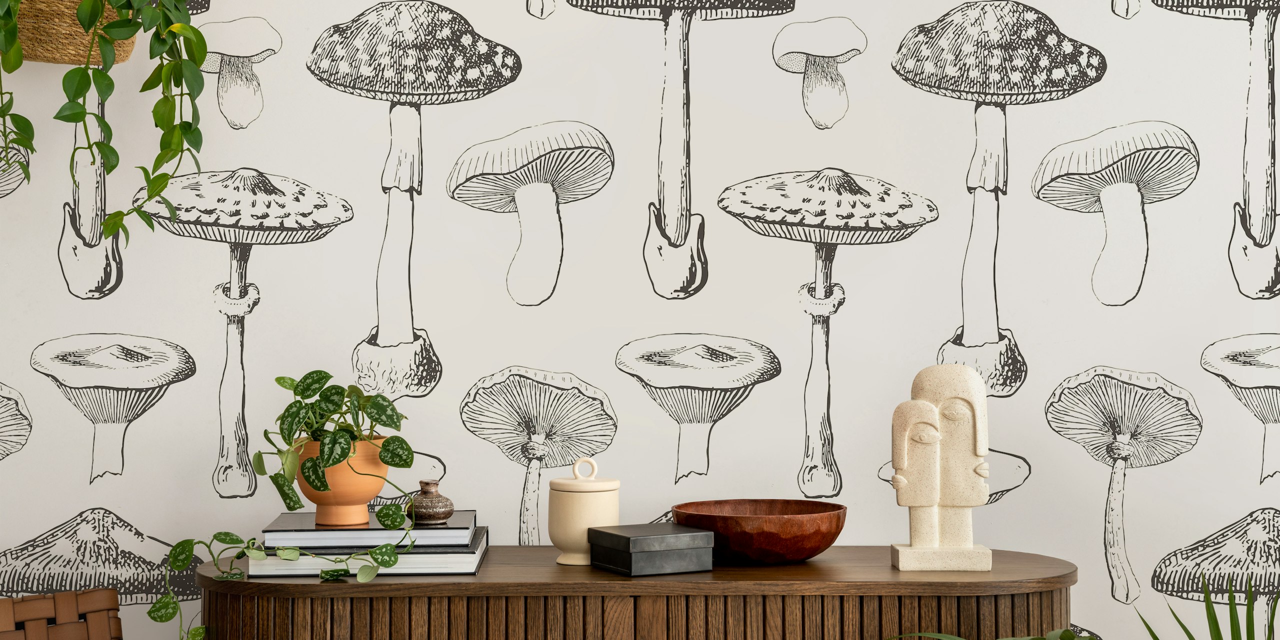 Black mushroom illustrations on a cream background wallpaper