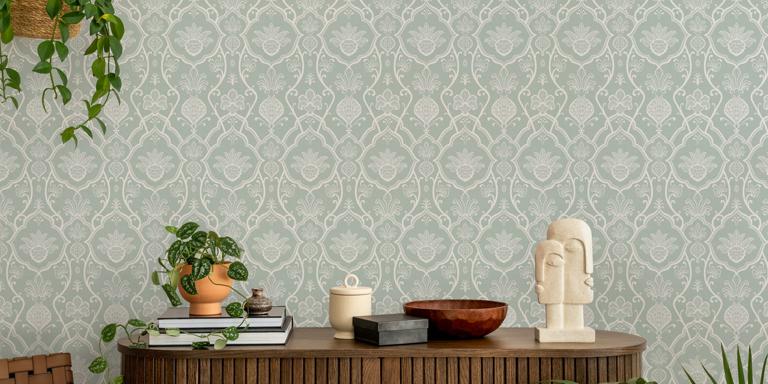 Victorian floral damask sage wallpaper in room