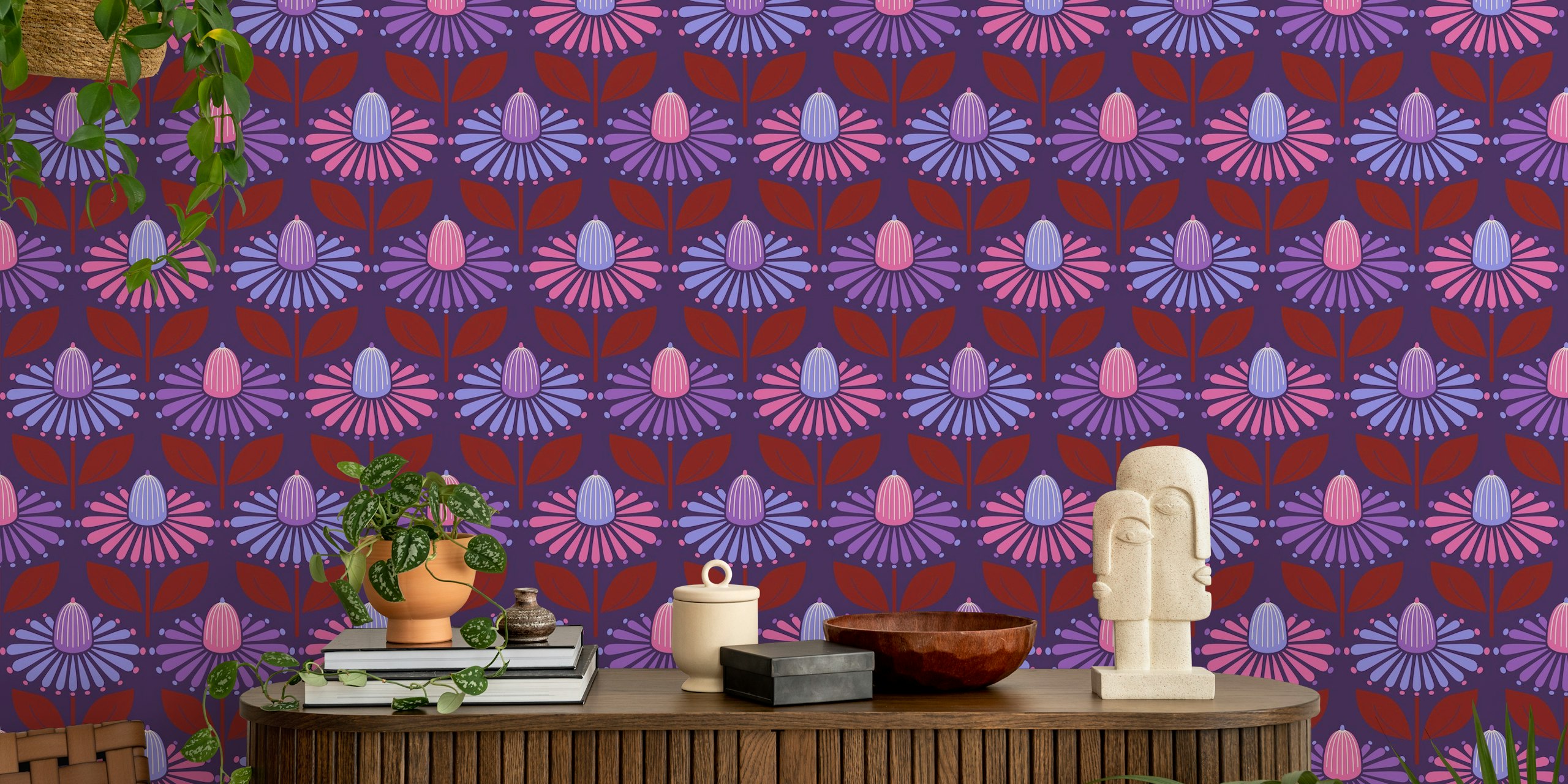 Fotomural Happy Retro Coneflowers Deep Purple con estampado floral estilizado
