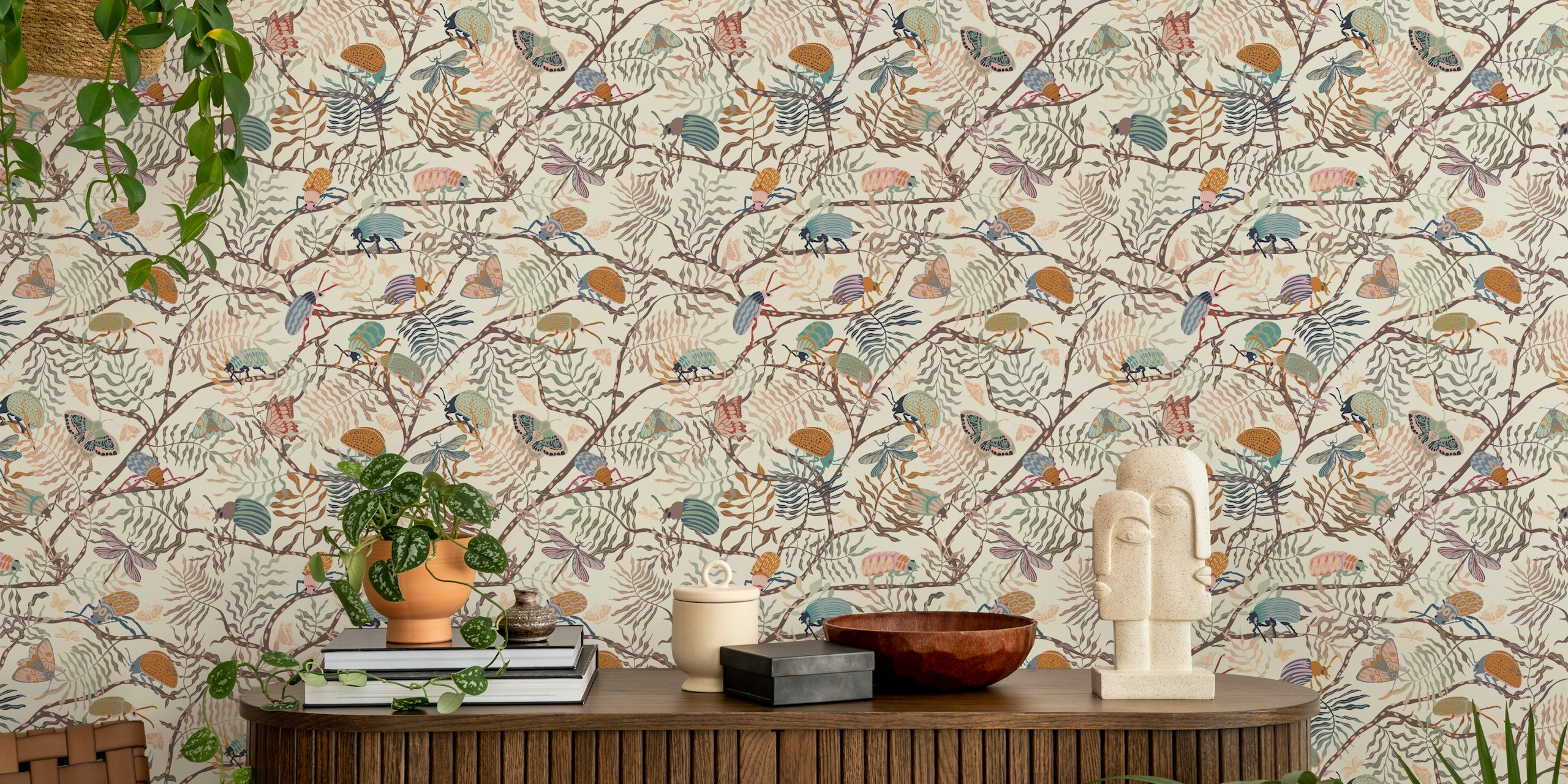 Beetles and butterflies wallpaper design in a room