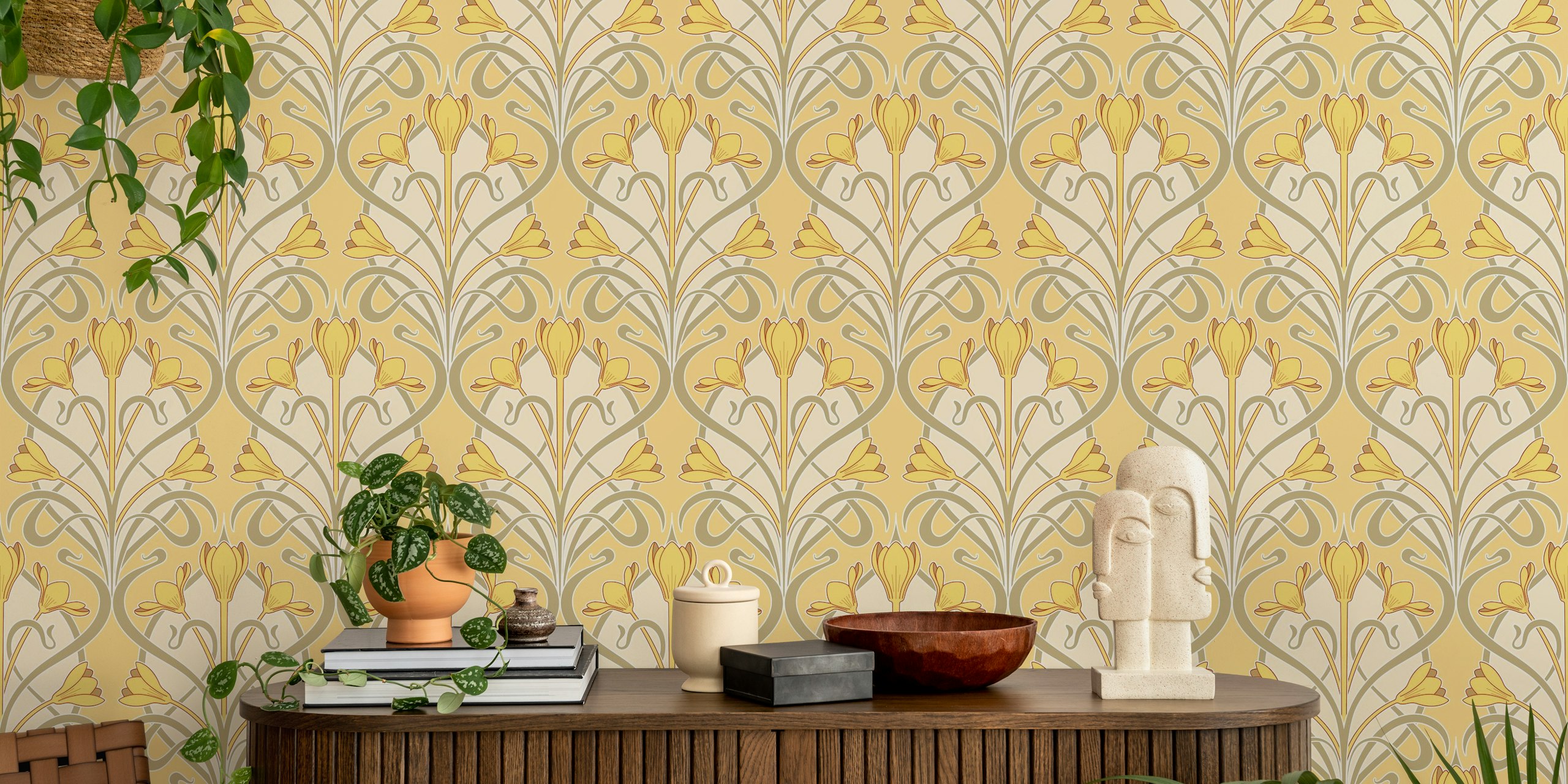 Mural de parede Crocus Art Nouveau com flores amarelas estilizadas e detalhes verdes suaves em um fundo calcário