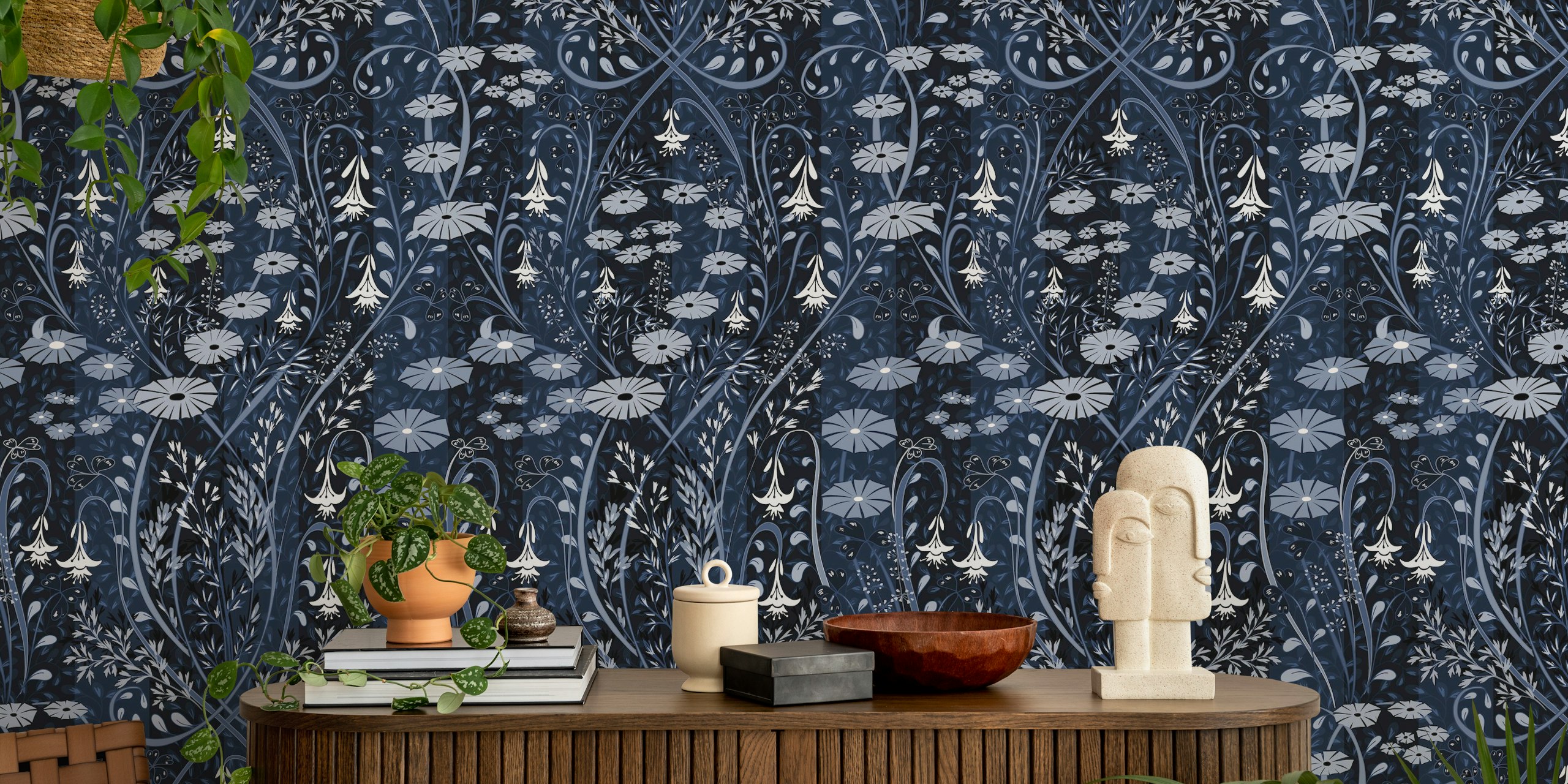 Floral patterns with white flowers and vines on midnight blue wallpaper