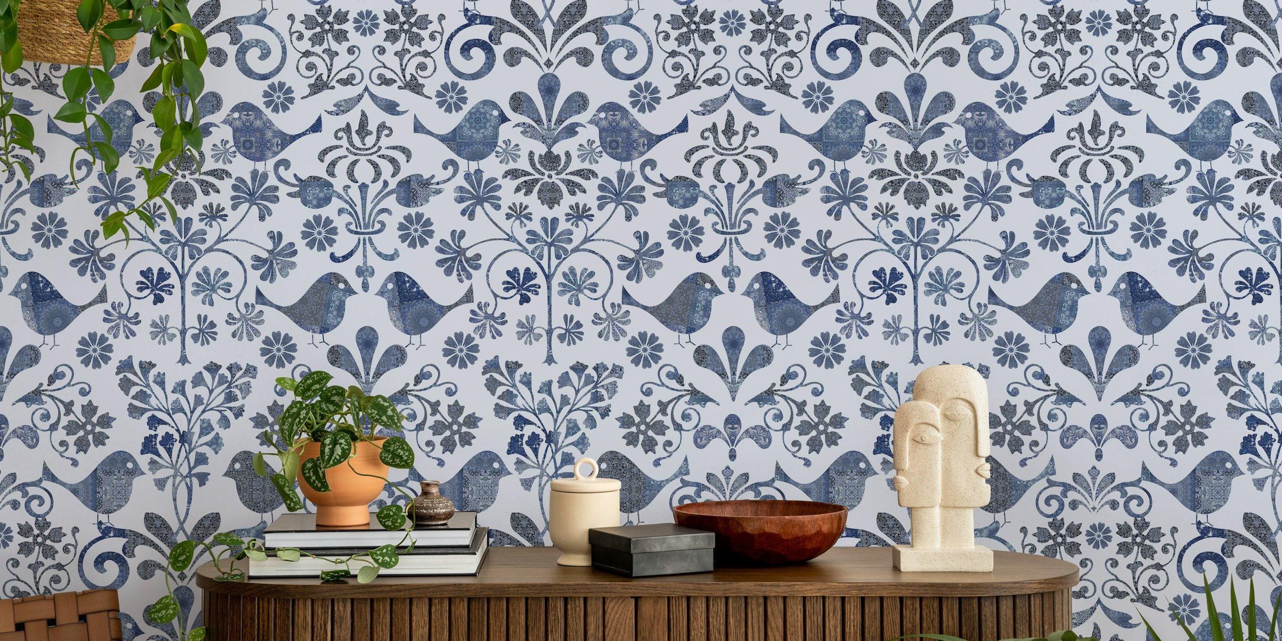 Scandinavian-style wall mural with birds and floral patterns in blue hues