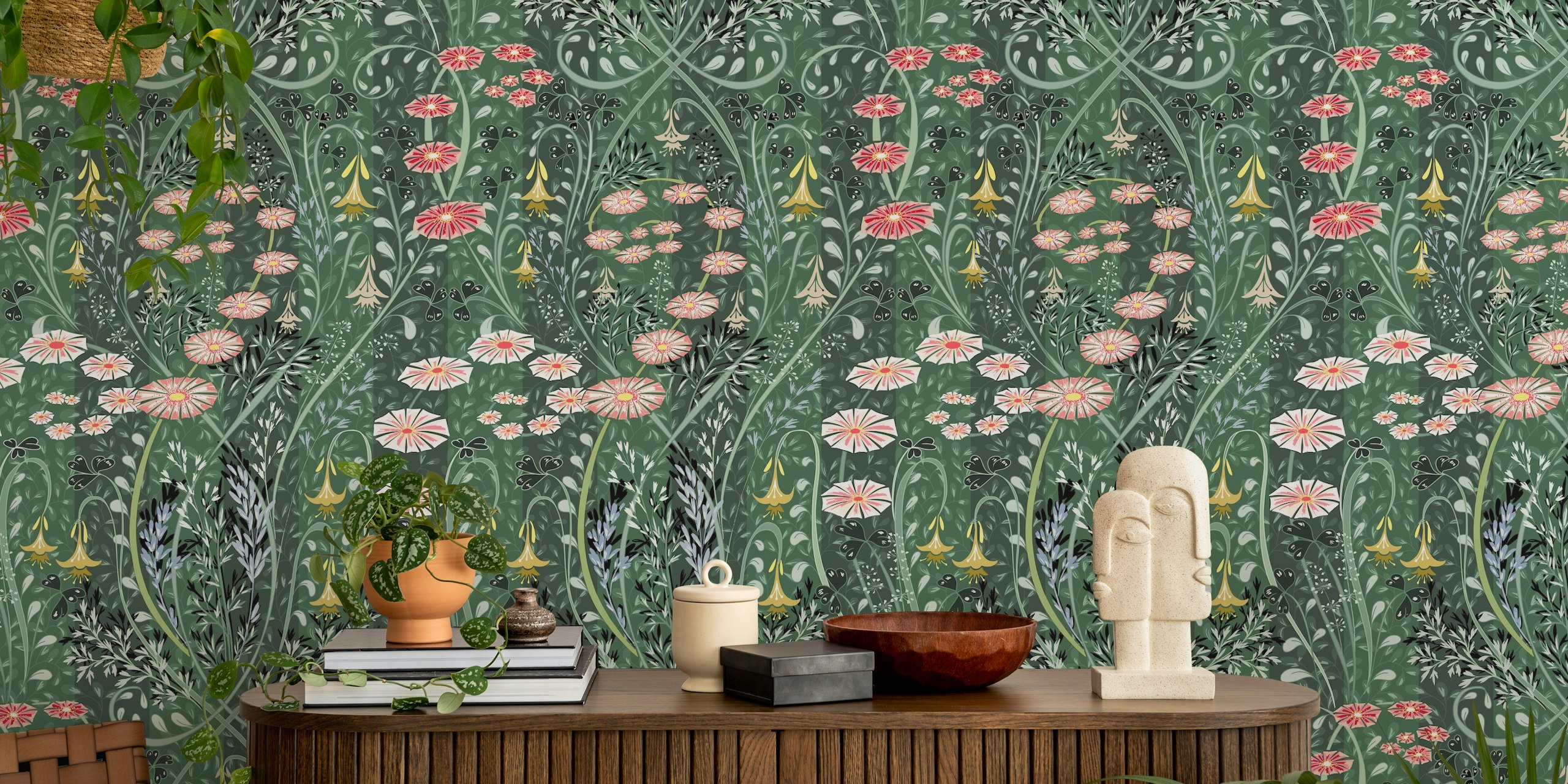 Floral patterned wall mural with a lush green background and colorful meadow flowers
