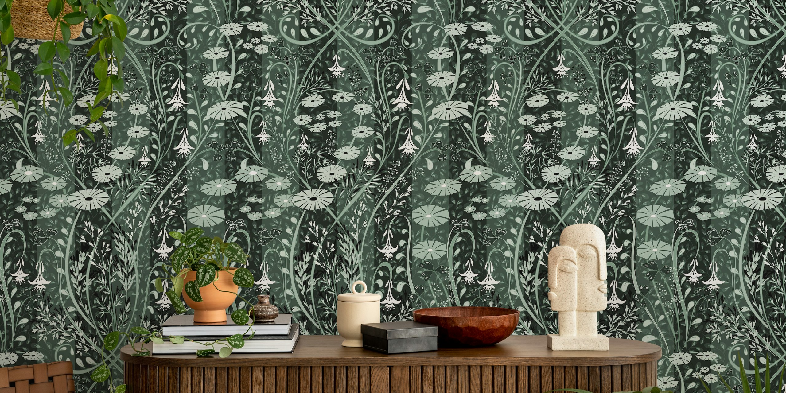 Emerald green floral wallpaper with delicate white flowers and intricate vine patterns