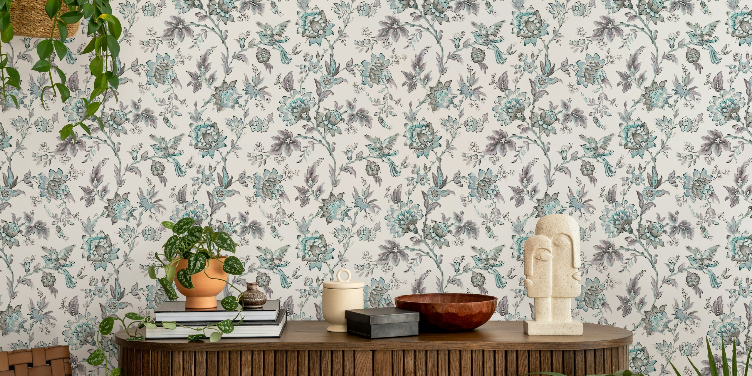 Vintage teal floral wallpaper design