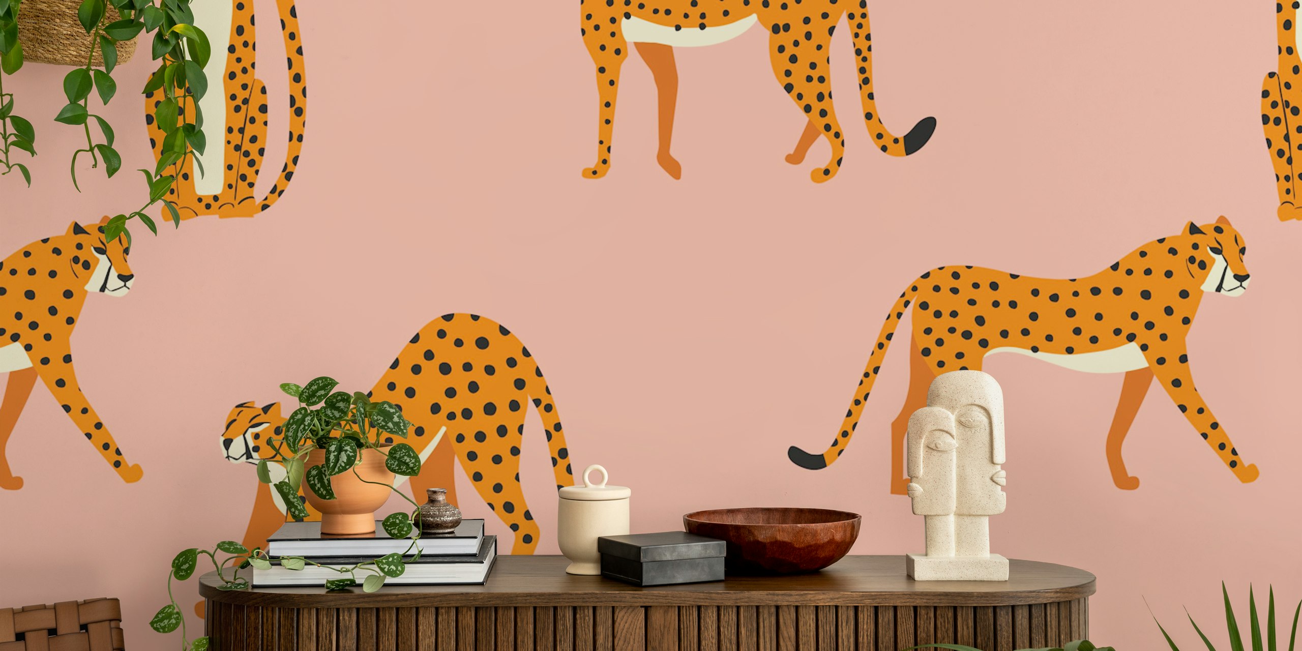 Cheetahs in various poses on pink background wallpaper