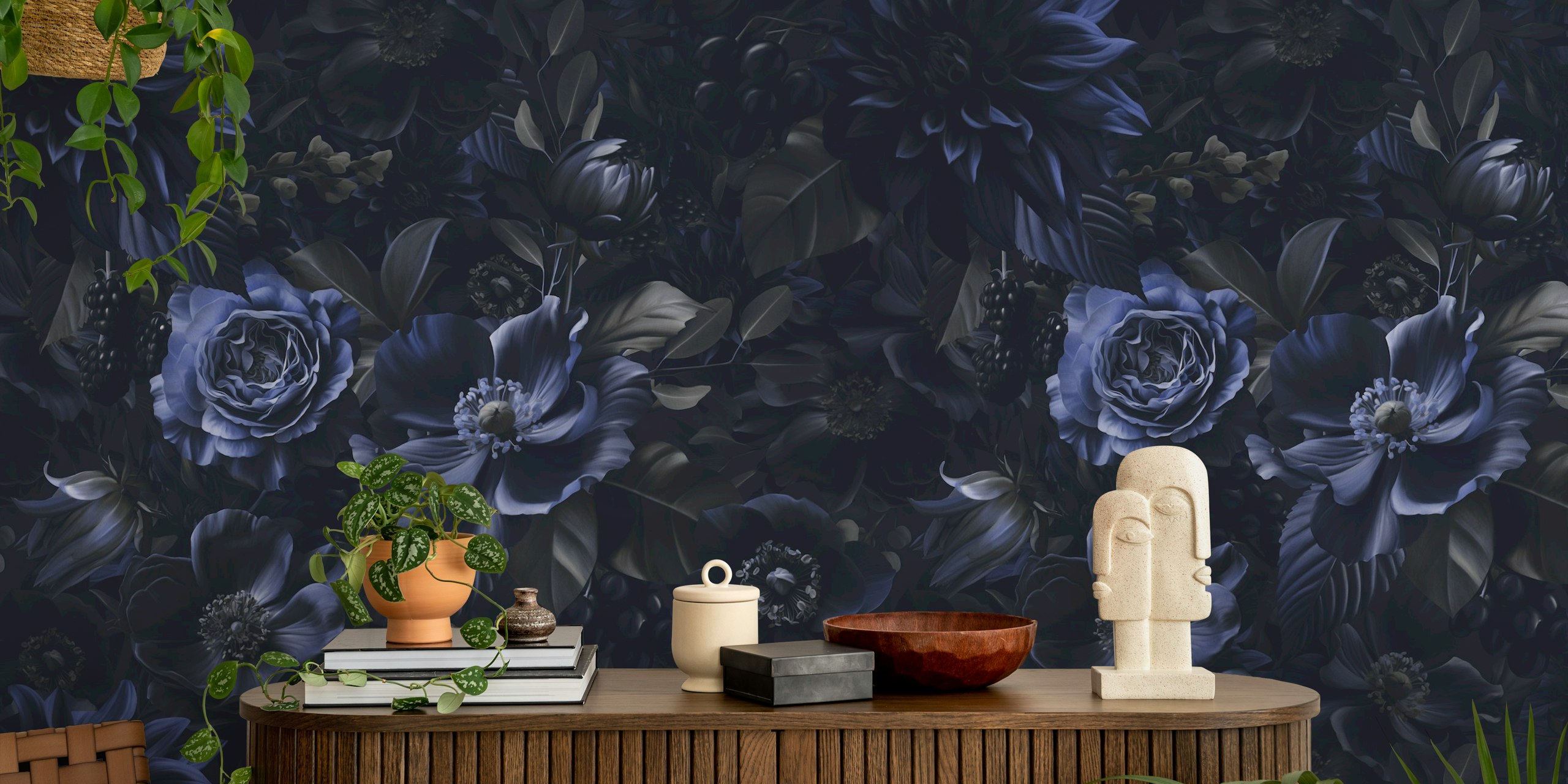 Blue floral patterns with dark tones and leaves wallpaper