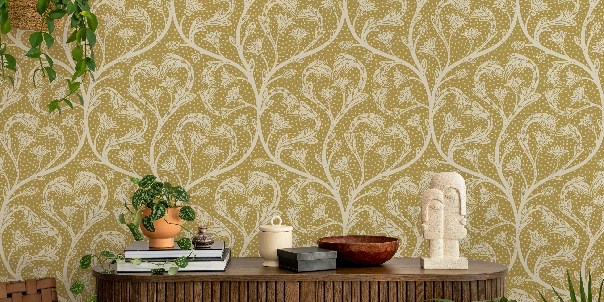 Floral pattern with dandelion motifs in gold and cream colors wallpaper
