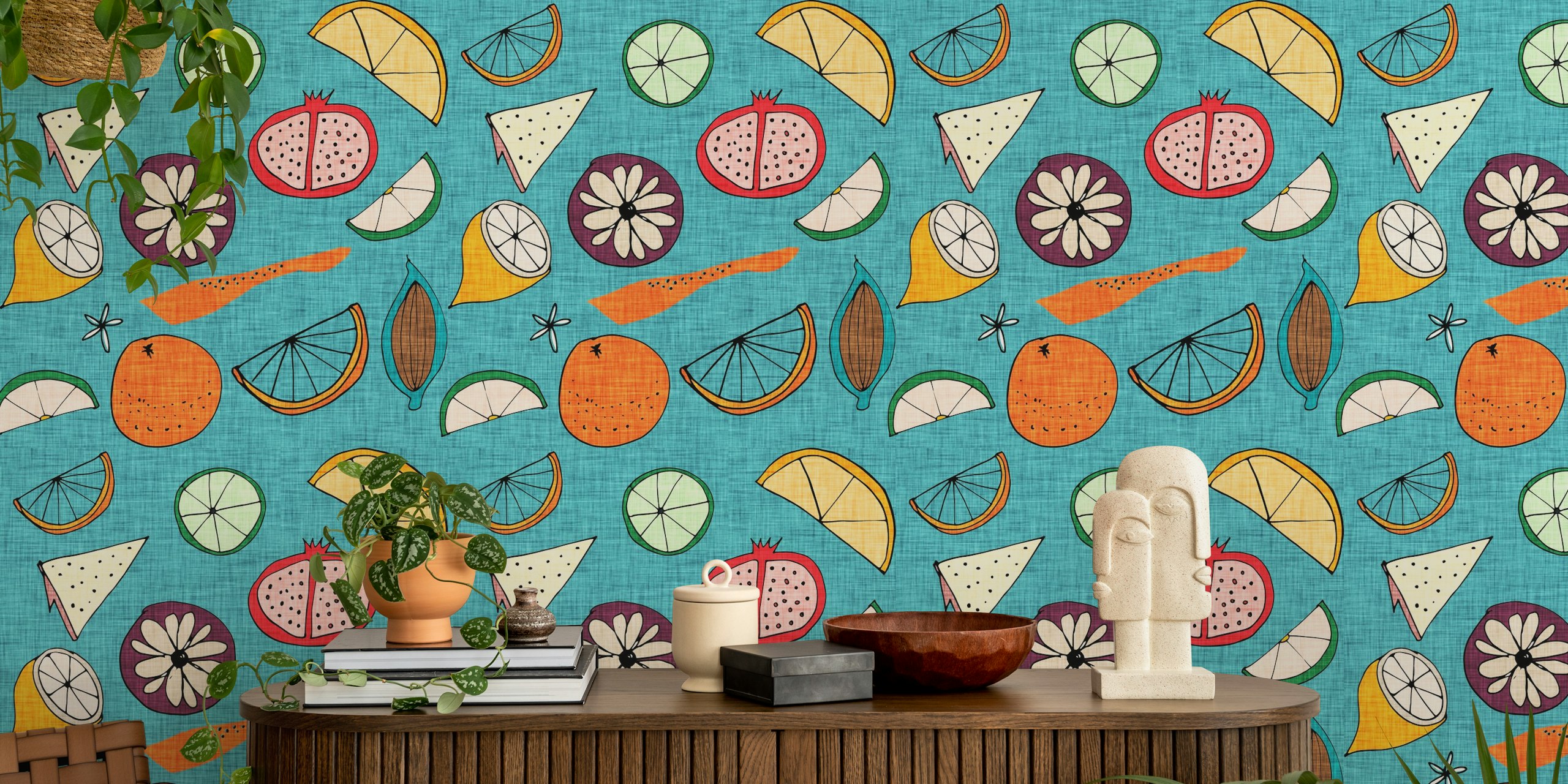Gestileerde illustraties van verschillende soorten fruit op een gestructureerde blauwe achtergrond