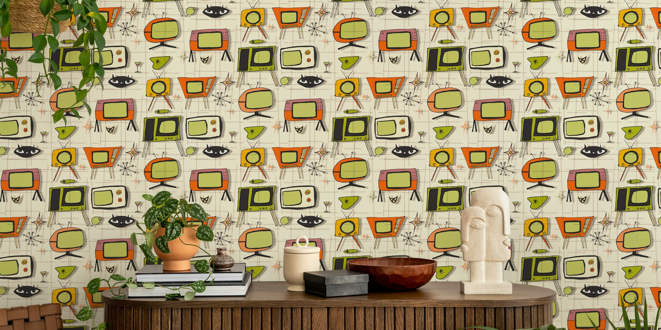 Retro television designs in orange and green on beige wallpaper
