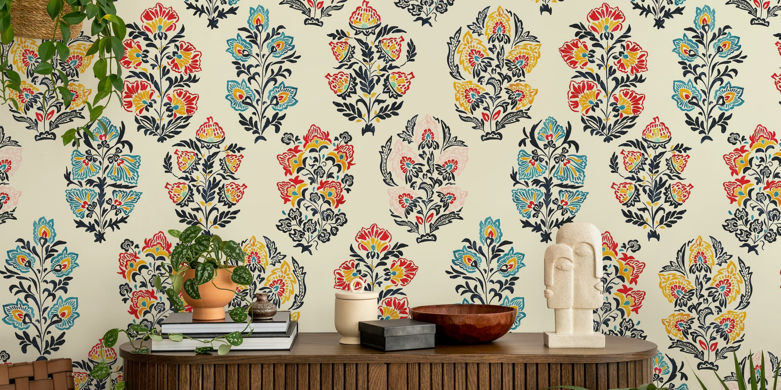 Colorful floral patterns in blue, pink, yellow on cream background wallpaper