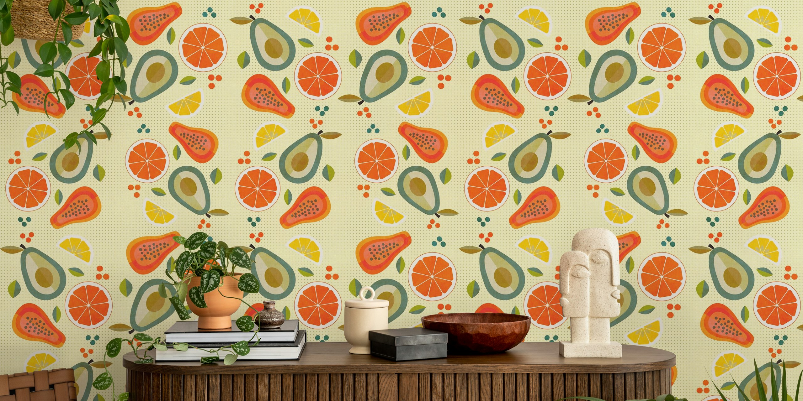 Mid-century summer fruits wallpaper in a room