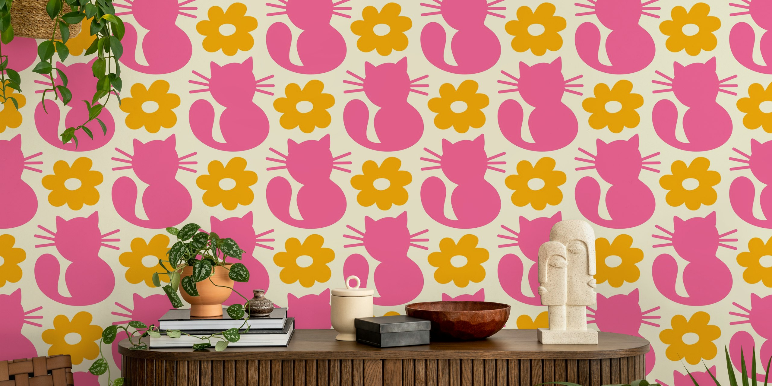 Pink cat shapes and yellow flowers on cream background wallpaper