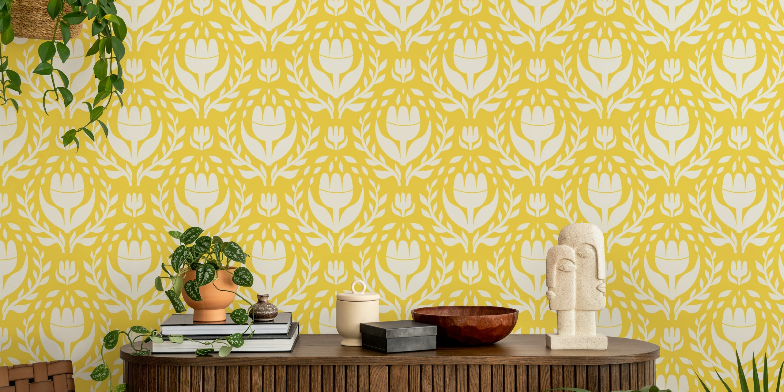 Bold white floral wallpaper on yellow background