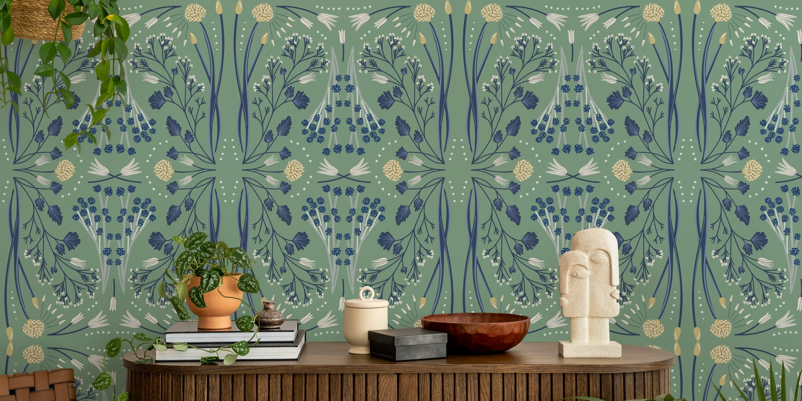 Folk Emerald Green floral wallpaper in a room