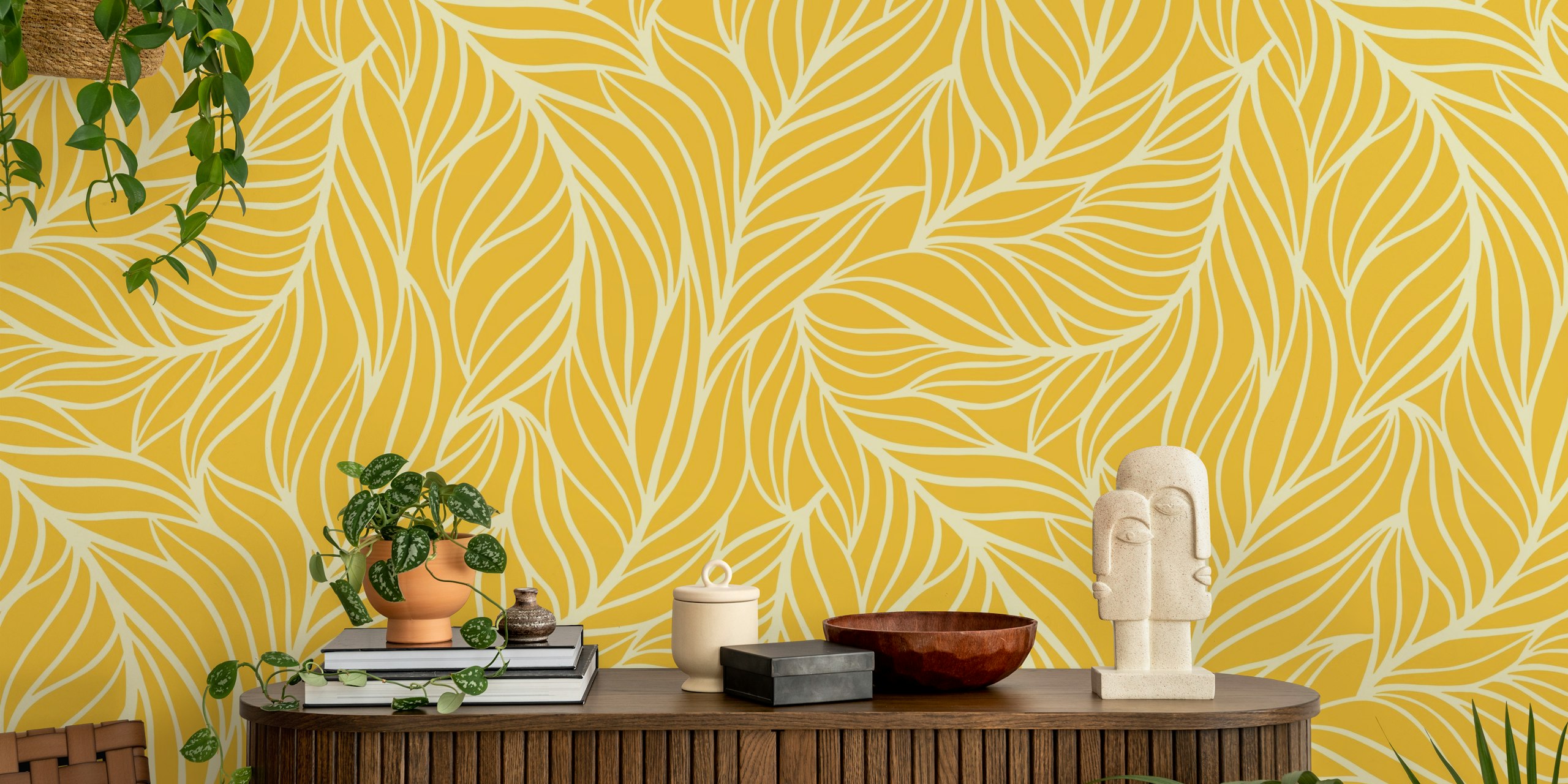 Minimalist flowing leaves sunny yellow behangontwerp