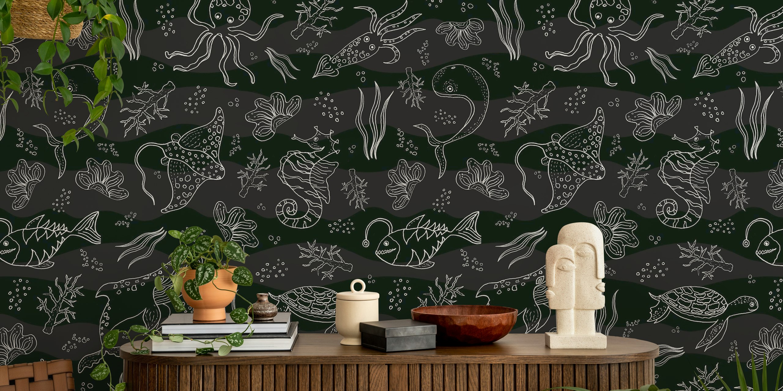Ocean Life Dark wallpaper in a room