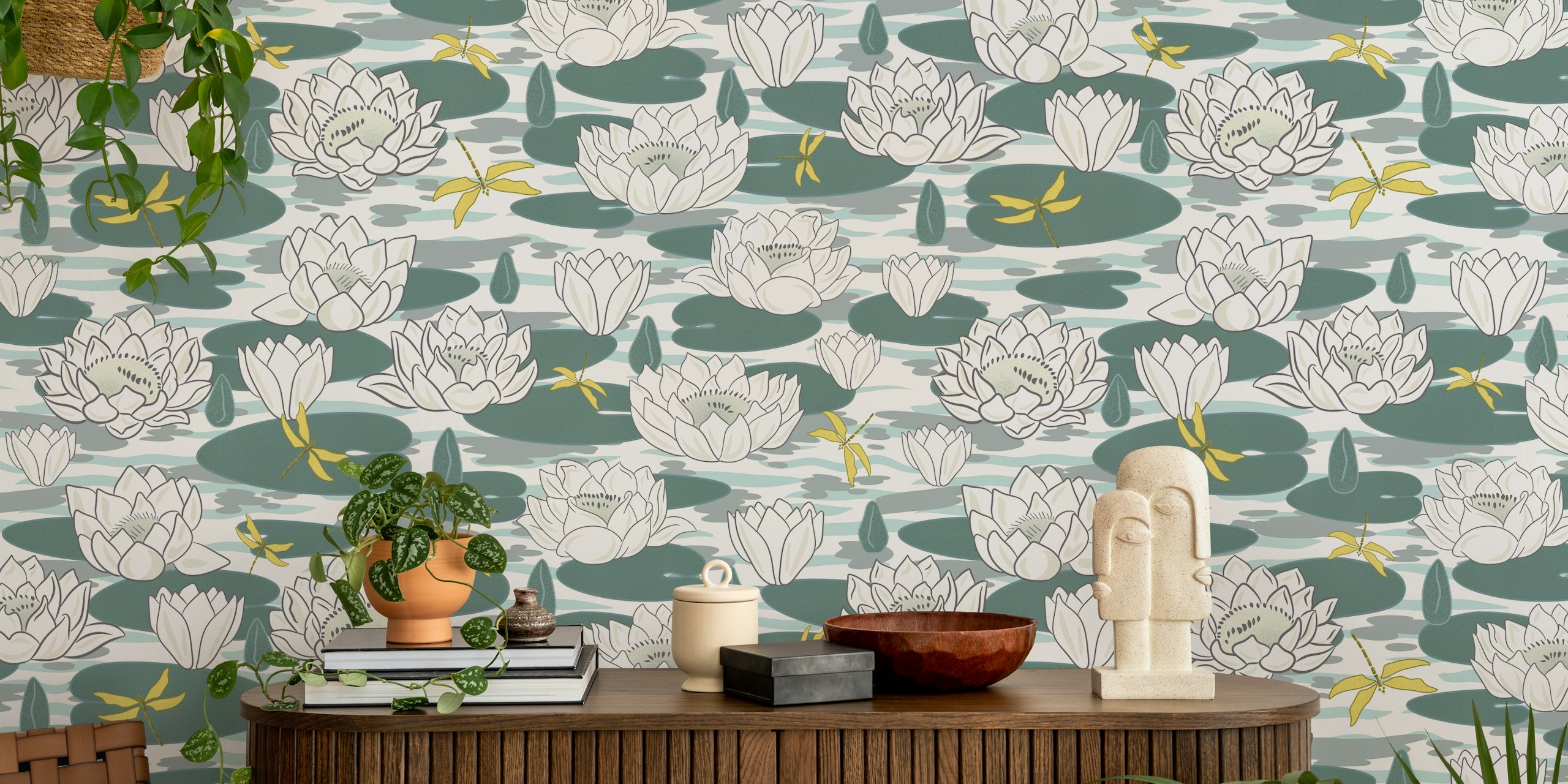 Water lily flowers in various sizes, soft green and white colors, floral wallpaper
