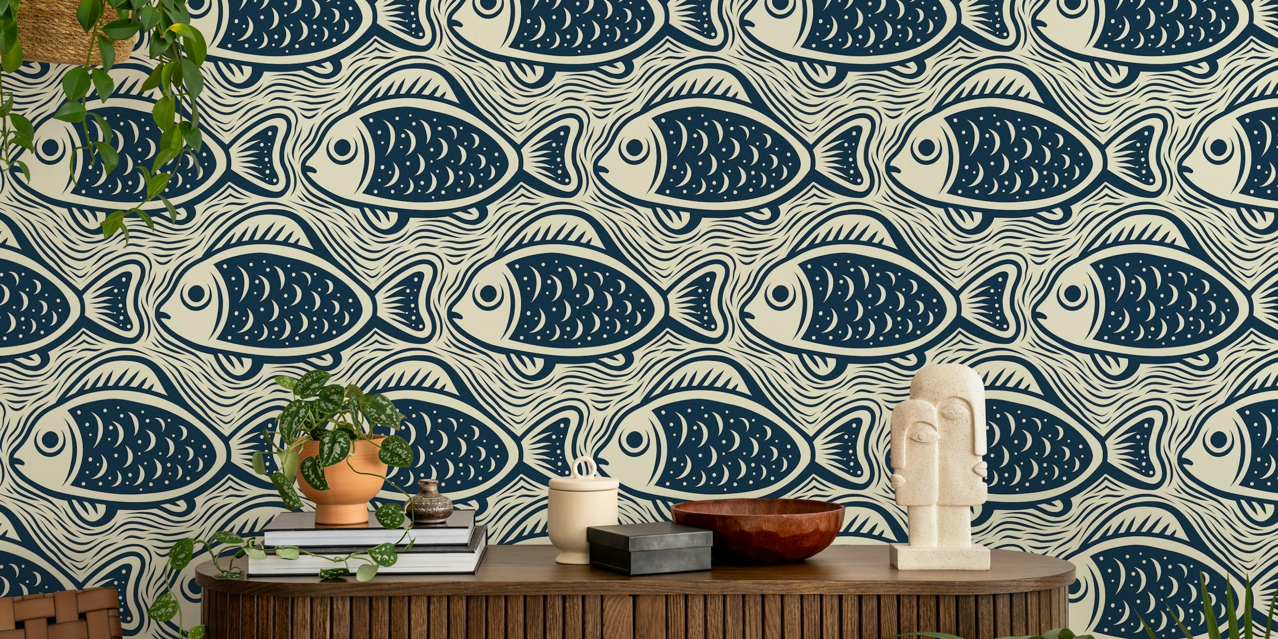 Block Print Fishes Pattern Wallpaper | happywall.com