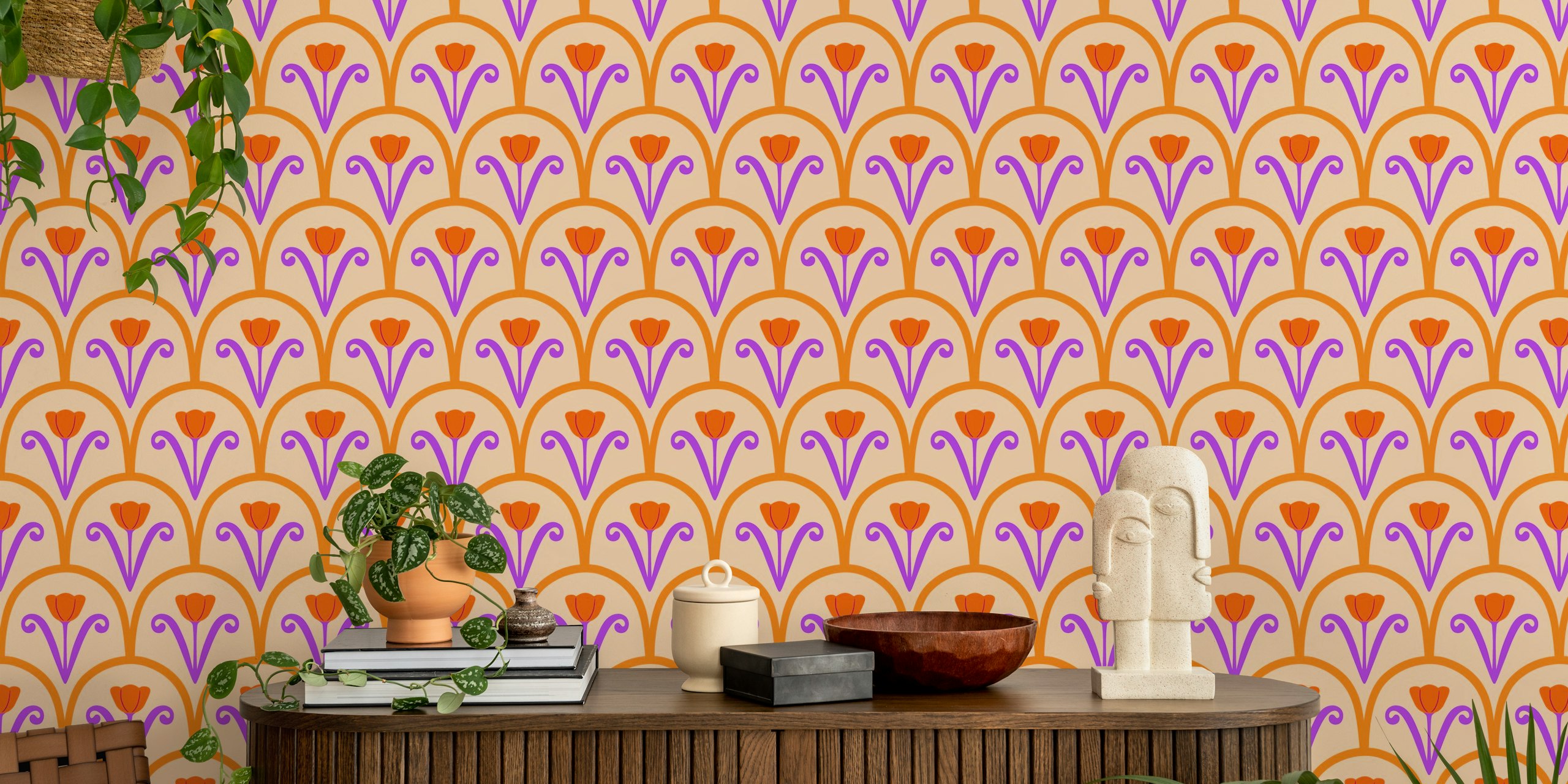 Colorful tulip pattern in peach and purple wallpaper