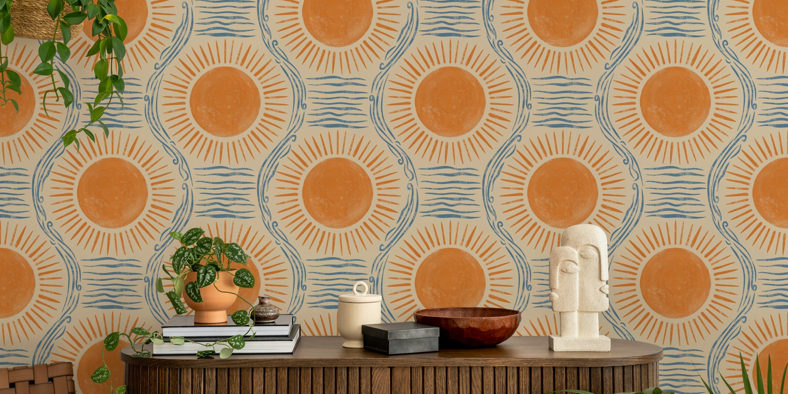 Boho sonnen und meer handgezeichnet tapete orange und blau