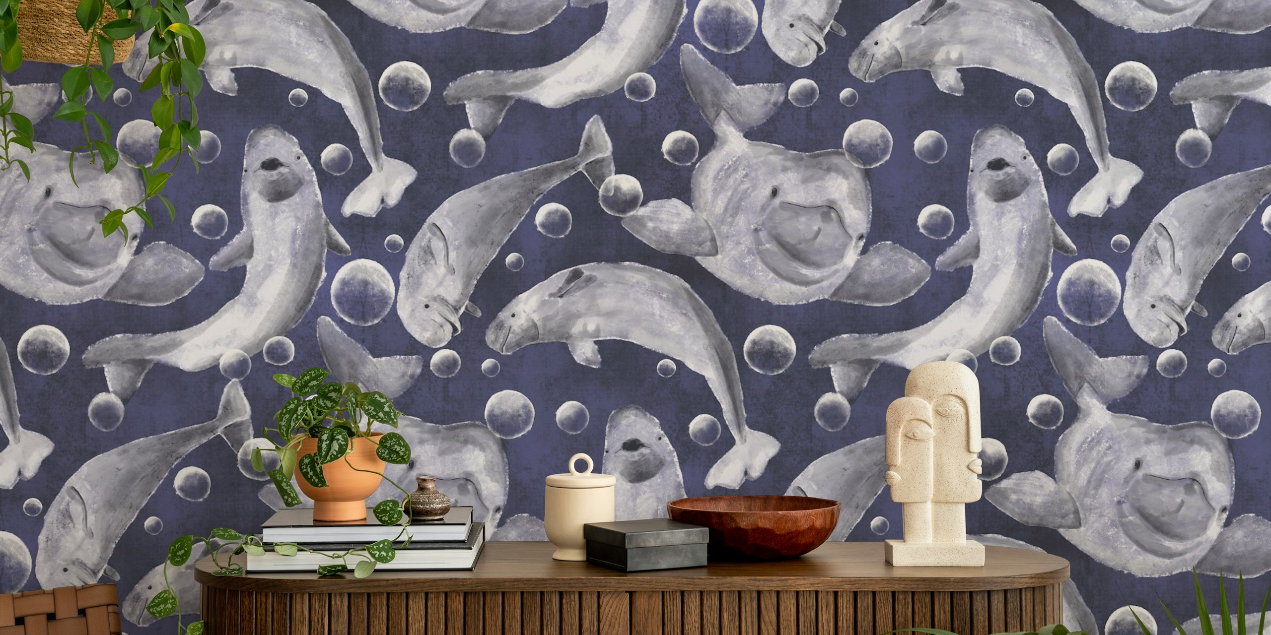 Beluga whales wallpaper in a room